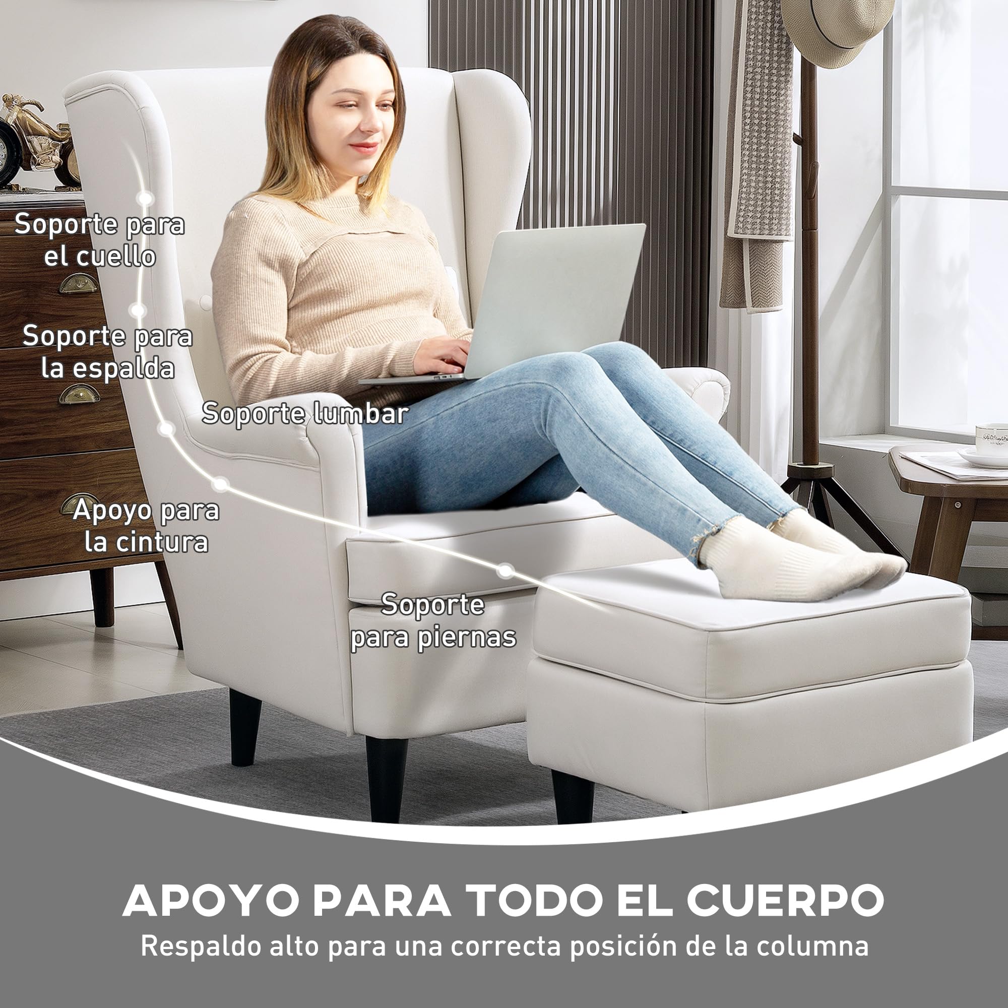 HOMCOM Sillón con Reposapiés Sillón Lectura con Respaldo Alto Beige | Capitoné, Patas de Madera, Almohada Acolchada, Tapizado en Lino, Butaca para Salón Dormitorio Oficina