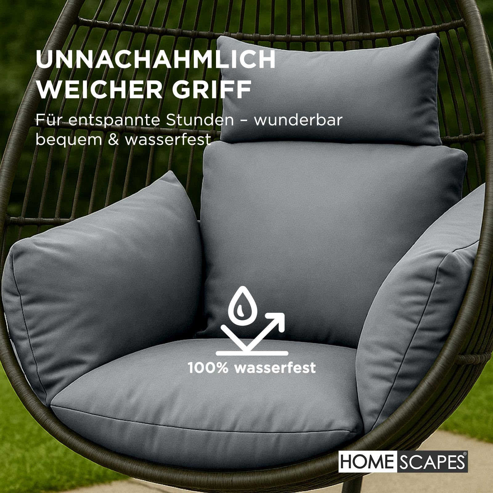 Homescapes Hängesessel-Kissen Outdoor grau mit Kopfstütze, Polster-Auflage für Hängeschaukel, Hängekorb-Stuhl, 2-teilig mit Kopfteil und Bindebändern, weich & wetterfest