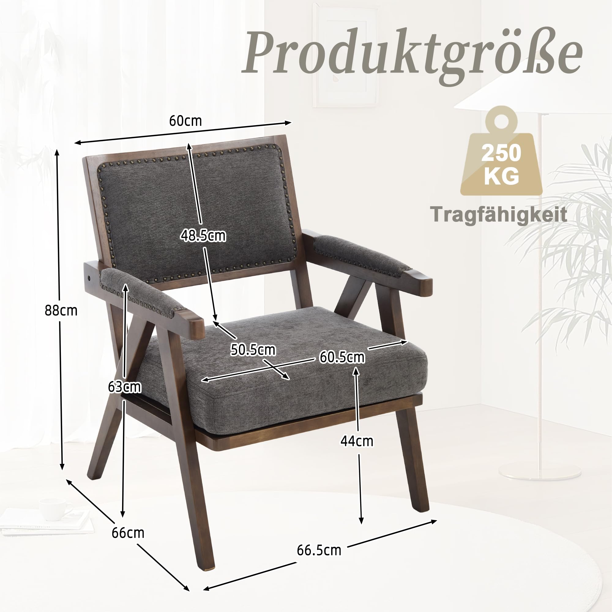 Lexiou Mid-Century - Sillón individual de tela con reposabrazos, marco de madera acolchado, para salón, dormitorio, estudio, oficina, decoración (gris)