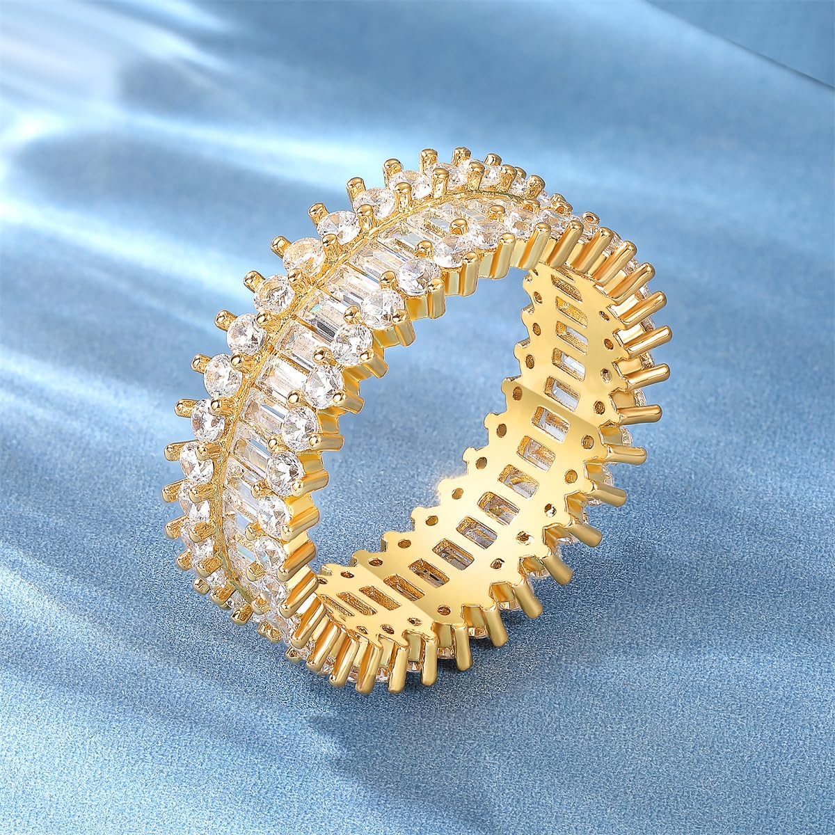 MDFUN 18K White Gold/Yellow Gold Plated Engagement Ring Promise Ring Wedding Eternity Bands Emerald Cut Cubic Zirconia Rings for Women Men Size 5-9 - Image 5