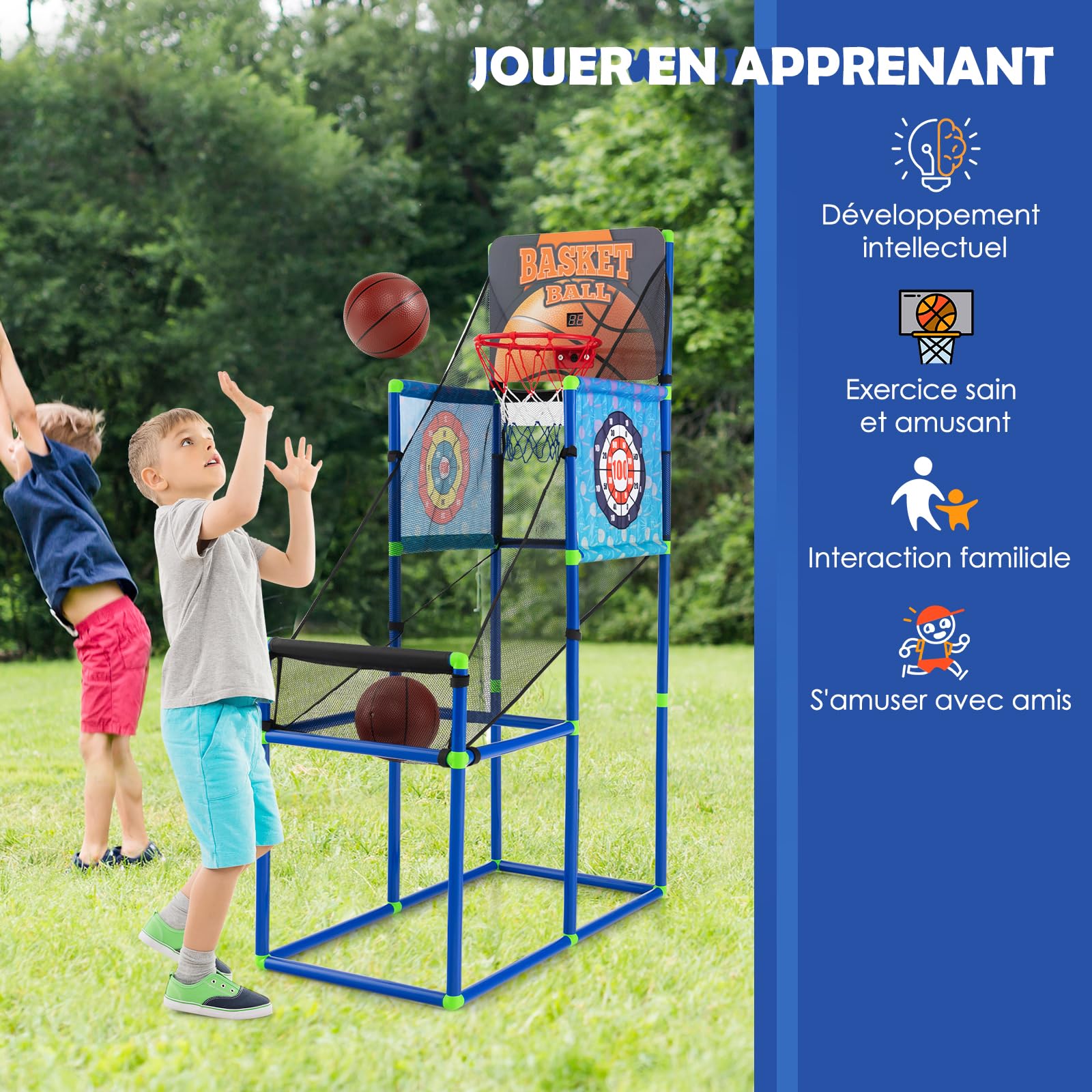 GYMAX Panier de Basket pour Enfants, Jeu de Basket et de Tir 2 en 1, avec Tableau de Score Sonore & 2 Ballons & 2 Cibles & 8 Balles & Pompe à Balle, pour Intérieur/Extérieur
