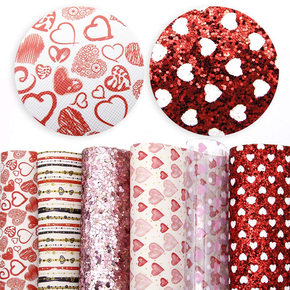 David accessories Heart Love Printed Faux Leather Sheets Chunky Glitter Fabric Crafts 6 Pcs 7.8" x 13.3" (20 cm x 34 cm) for DIY Earrings Hair Bows Making Valentine's Day Decor (Valentine's Day Set B)