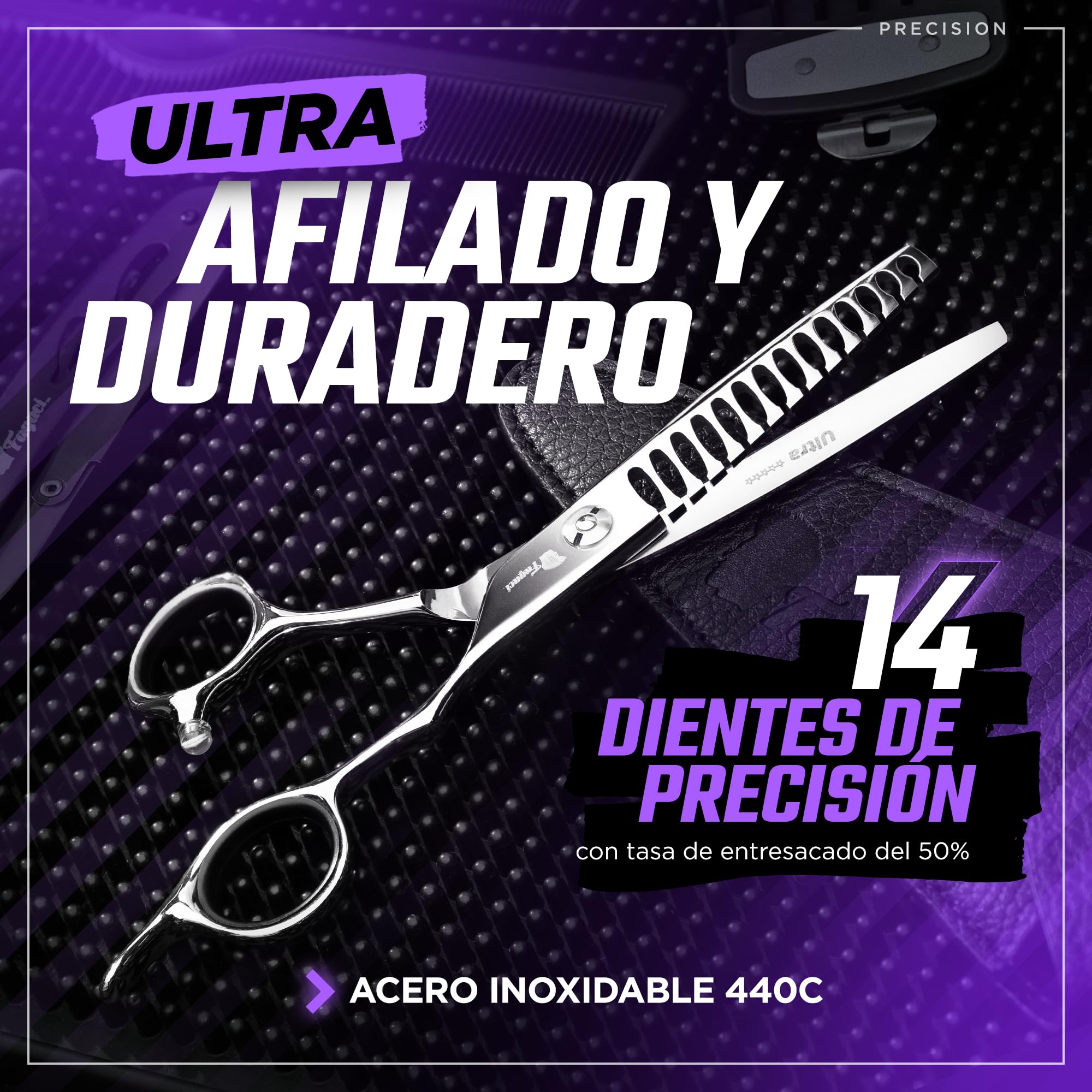 Fagaci Tijeras Peluqueria Entresacar, Dientes en T Texturizadoras 440C | Reduce el volumen del cabello hasta un 50%, Dientes en T para un agarre superior, Afilado en varias etapas, filo duradero