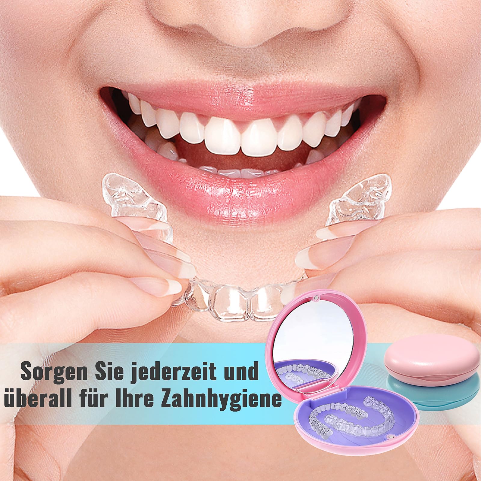 Caja de Dentaduras Portátil con Espejo 2 PC para Retenedores Soportes Protectores Bucales Azul y Rosa