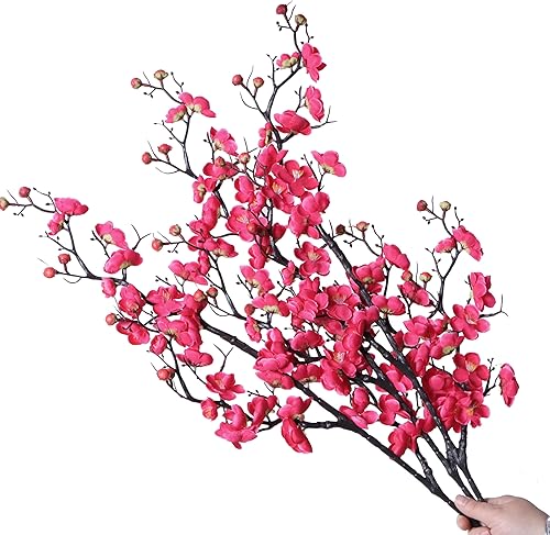 Miniatura 1 de cn-Knight 3 ramas artificiales de flor de cerezo, flor de ciruela de seda de tallo de 37 pulgadas de largo con brotes, albaricoque japonés realista