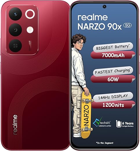 realme NARZO 90x 5G (Maroon Red,6GB+128GB) | 7000mAh + 60W Biggest Battery & Fastest Charging in The Segment* | 144Hz Bright Display | Sony 50MP AI Rear Camera | AI Assist | 400% Ultra Boom Speaker