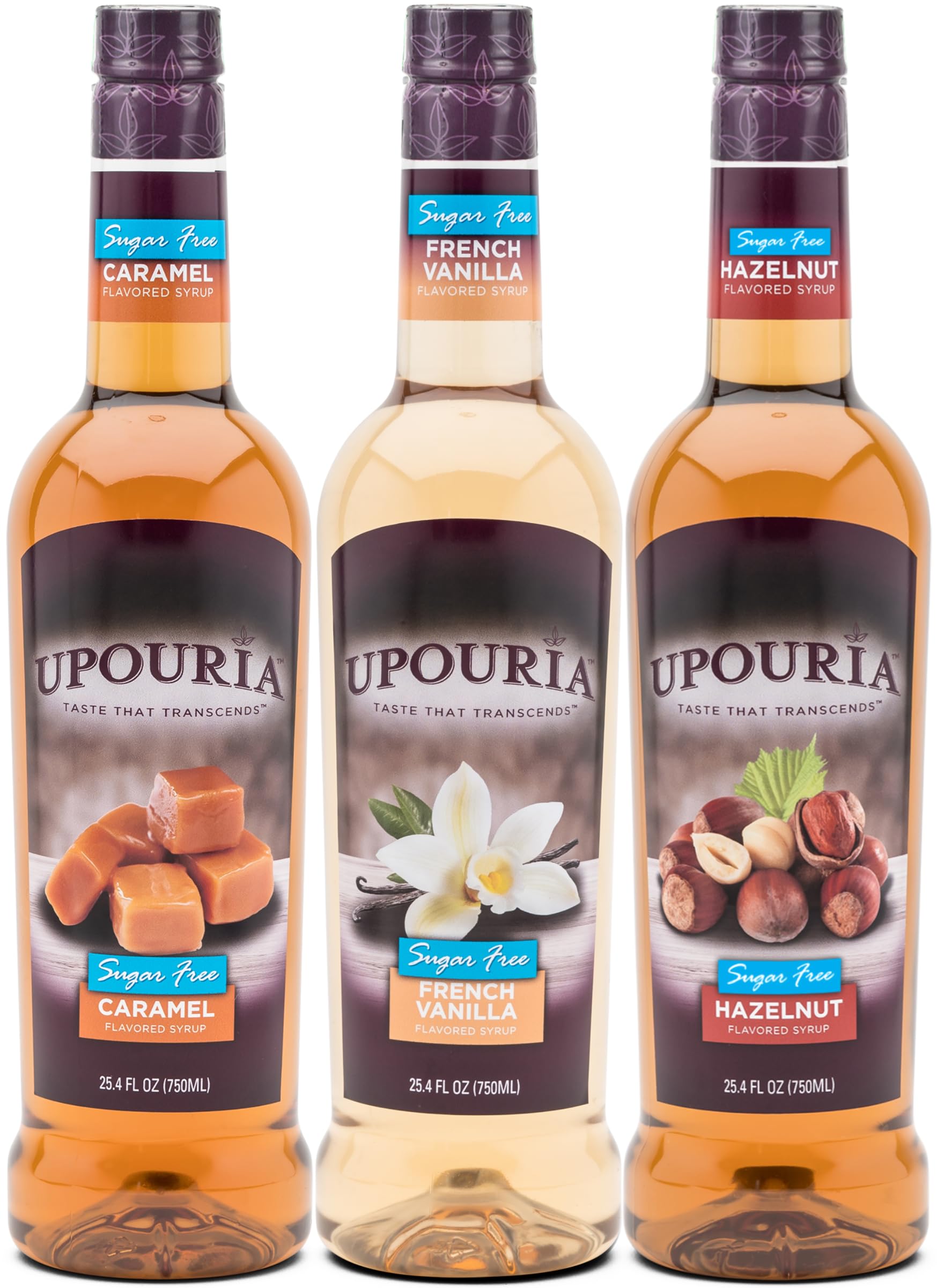 Upouria Coffee Syrup Sugar Free Variety Pack: French Vanilla, Caramel and Hazelnut, 100% Vegan, Gluten Free, Kosher, Keto, 750 mL Bottle (Pack of 3) -