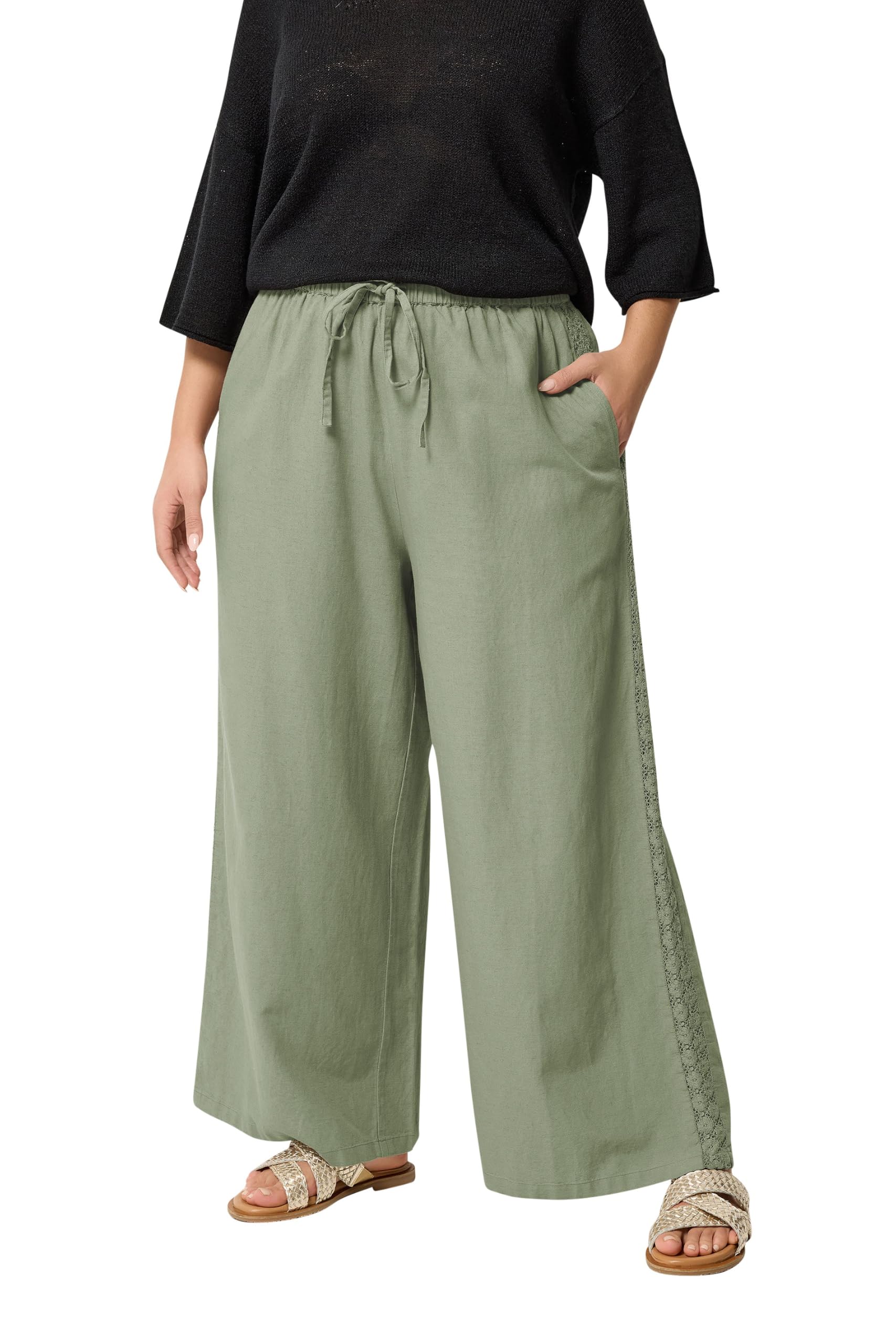 Yours Women's Crochet Detail Linen Trousers in Light Khaki | Size: 22-24S