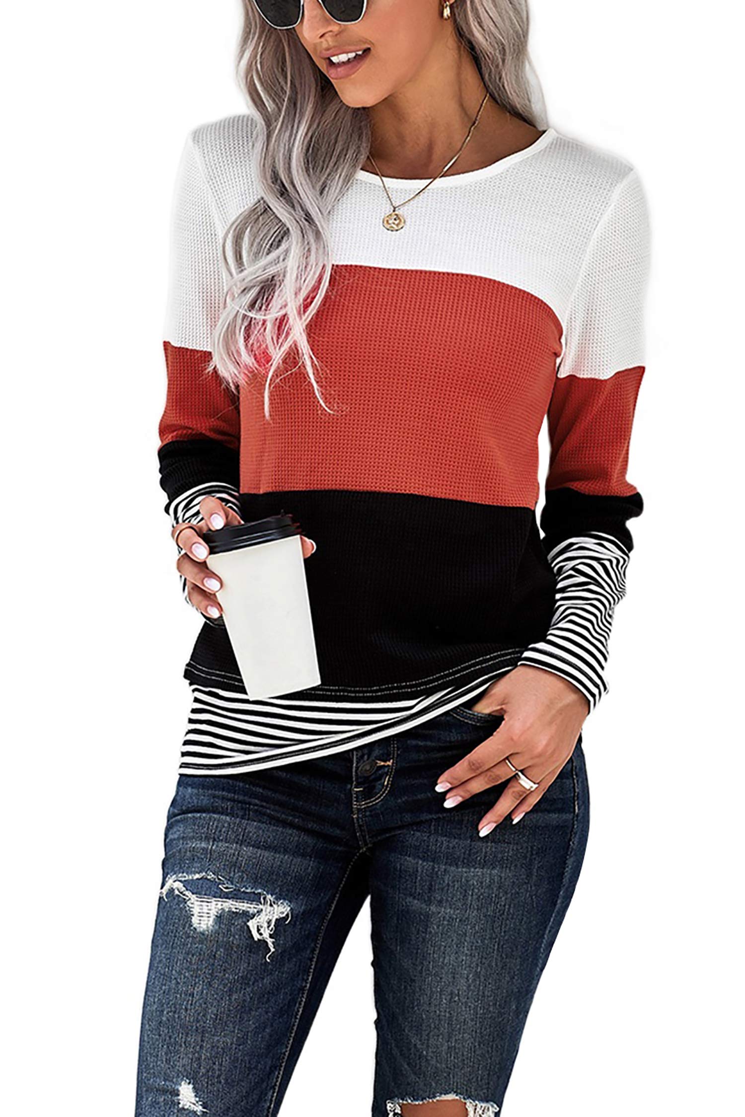 SMENGWomens Striped Long Sleeve T Shirts Color Block Comfy Casual Blouses Tunics Tops Fashion Clothes