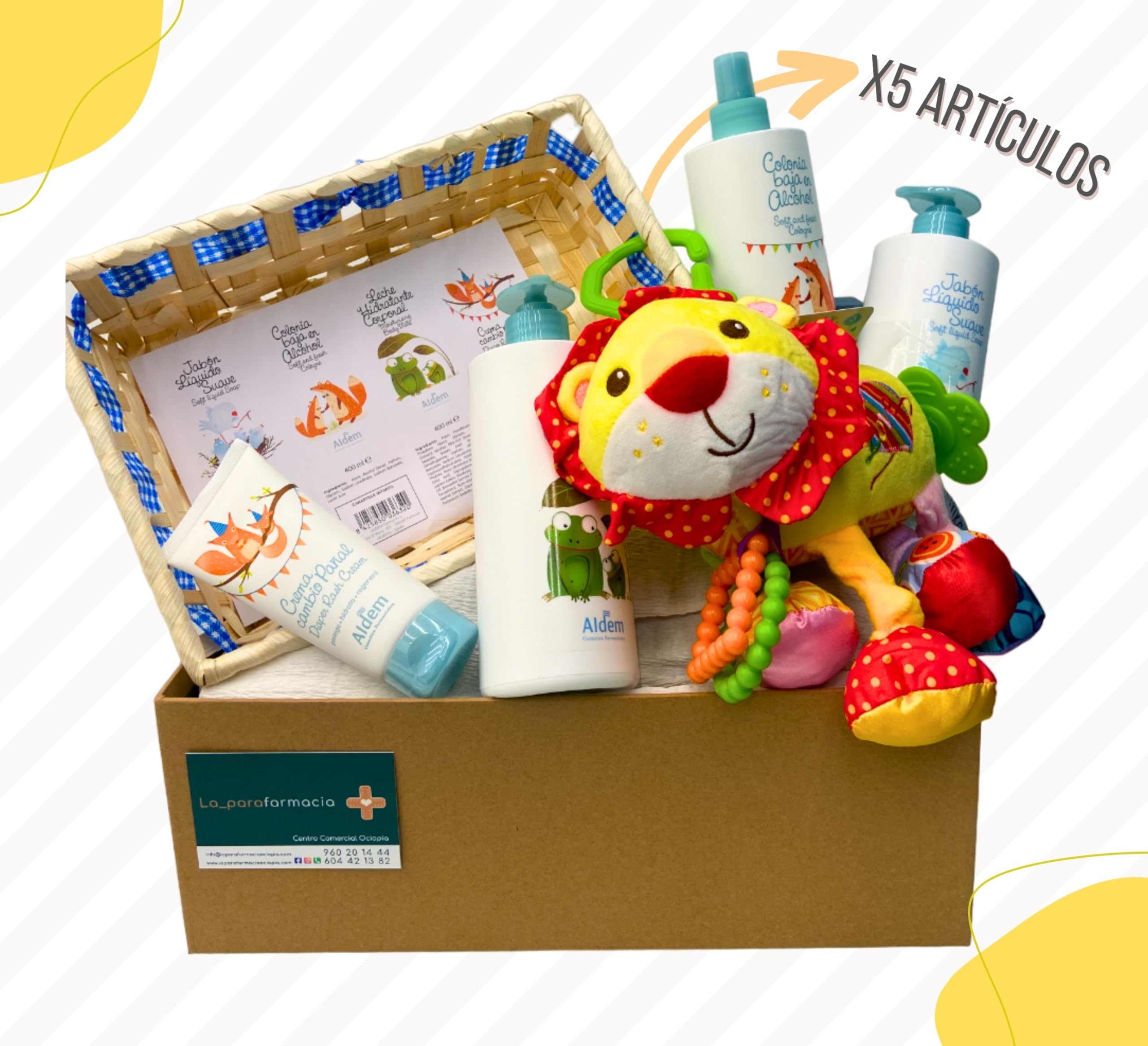 Cesta Regalo Bebe Higiene Recien Nacido con 5 Productos para Bebe Unisex, Canastilla de Cuidados para Bebe Primeros Meses, LA PARAFARMACIA OCIOPIA