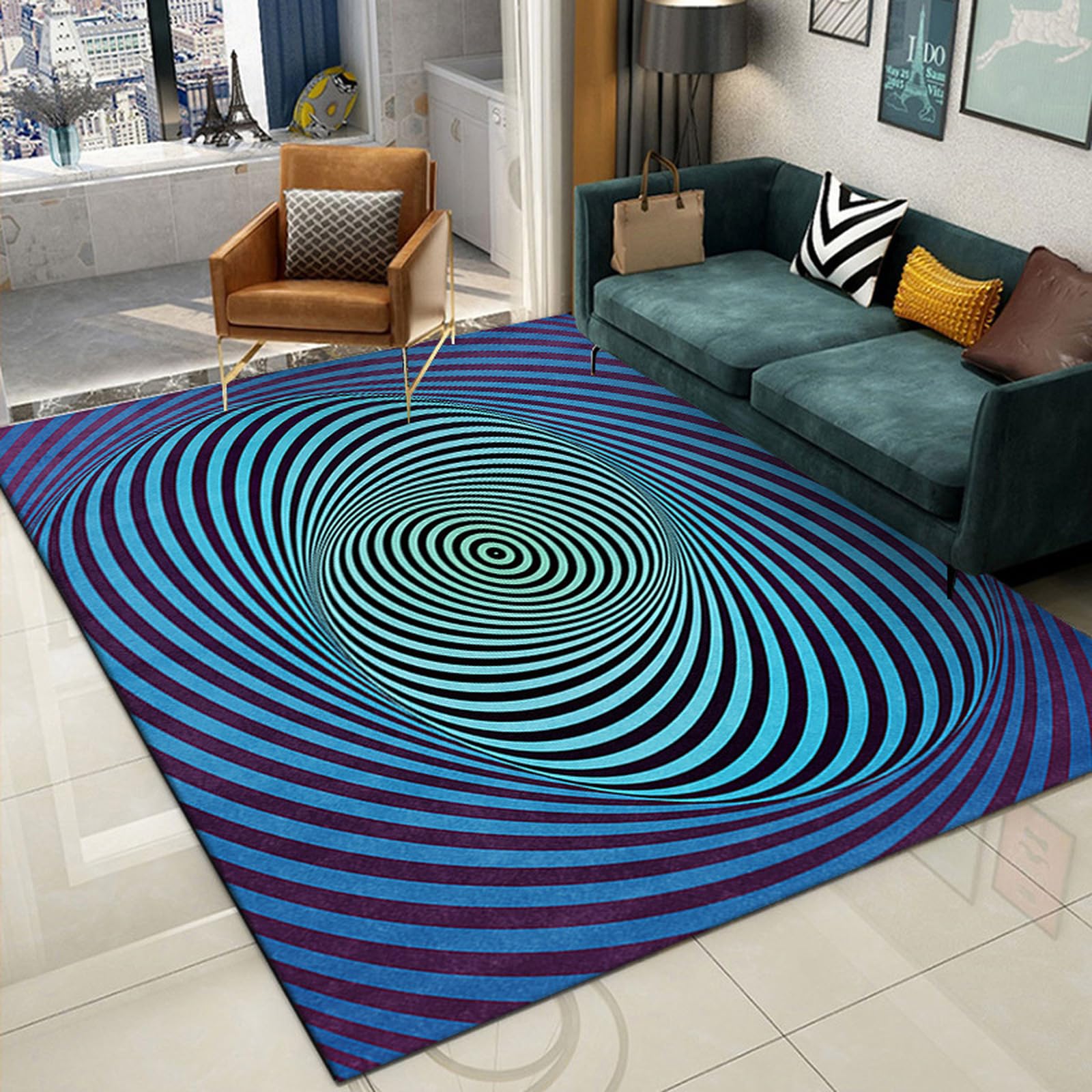 Tapis de sol coloré illusion d'optique 3D vortex abstrait pour salon 80x120 cm