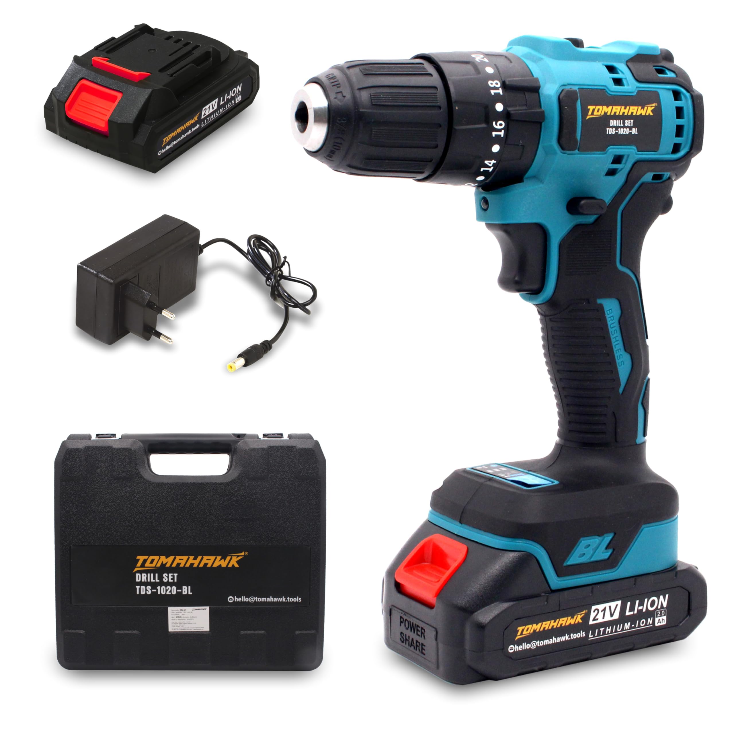 Tomahawk TDS-1020 20V Brushless Cordless Drill Machine & Screwdriver Kit for Home | 10mm Keyless Chuck | 2-Speed 450/1800 RPM | 55 Nm, 20+1 Clutch | 2.0Ah Battery + Charger | LED Light