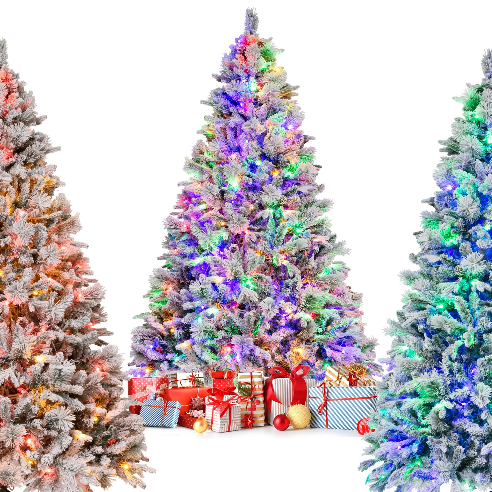 GYMAX Sapin de Noël Artificiel 210cm Lumineux LED, Lumières Multicolores, 8 Modes d'Éclairage, 1270 Branches Floqué de Neige, 3 Type de Feuilles avec Pommes de Pin, pour Décoration Intérieur Maison