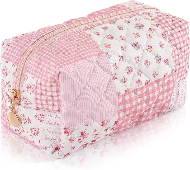 Necessaire de maquiagem UUYUUY em algodão matelassê, Patchwork Pink, 30,48 x 12,7 x 20,32 cm