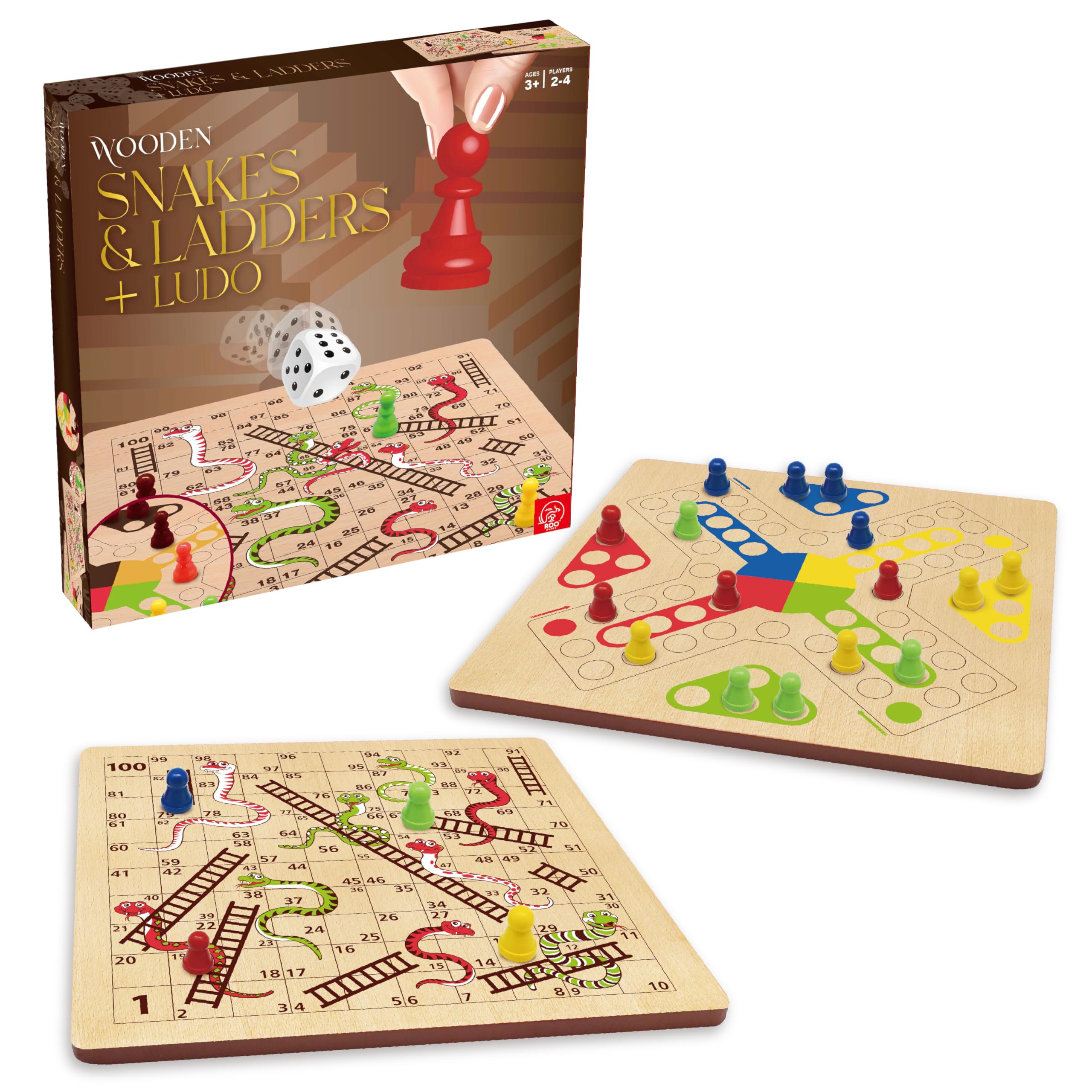 Wooden Snakes and Ladders + Ludo Board Game – 2-in-1 Classic Family Game for Home and Travel – Kids Board Games Age 5+ -Montessori-Inspired, Travel-Friendly, Snakes and ladders game for kids