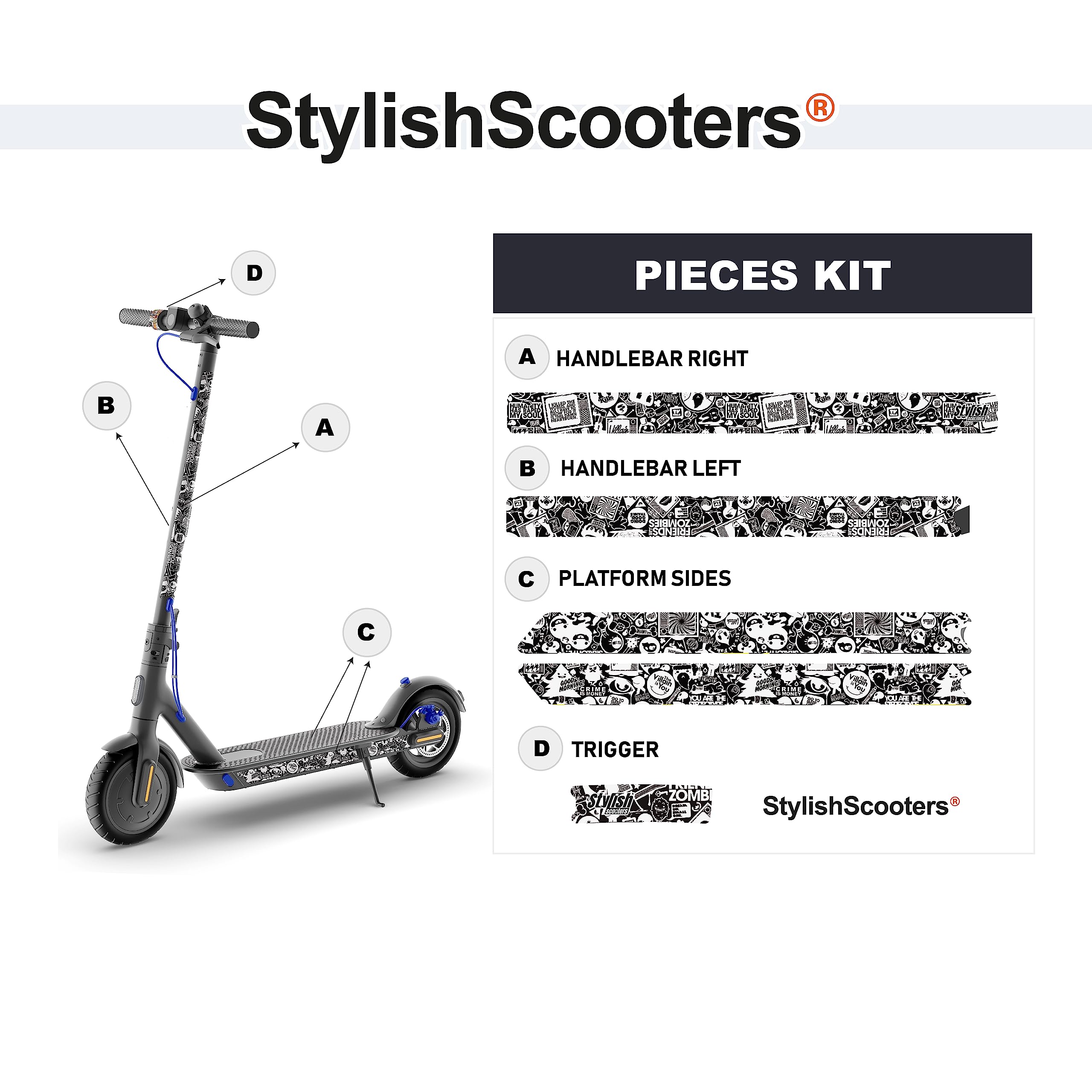 Adesivo per scooter elettrico | Modello Adesivo Bomb Nero 4Pz | Decora e Proteggi il tuo Monopattino | Compatibile il modello Xiaomi M365,S1,Pro, Essential, Pro2,Pro3