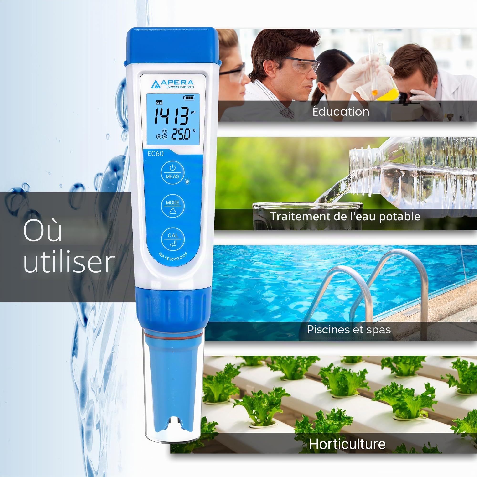 Apera Instruments Ai314 testeur de poche, Ec60 Premium étanche conductivité, un commutateur de EC/Tds/salinité, remplaçable Bpb Sensor, 1% F.s Précision