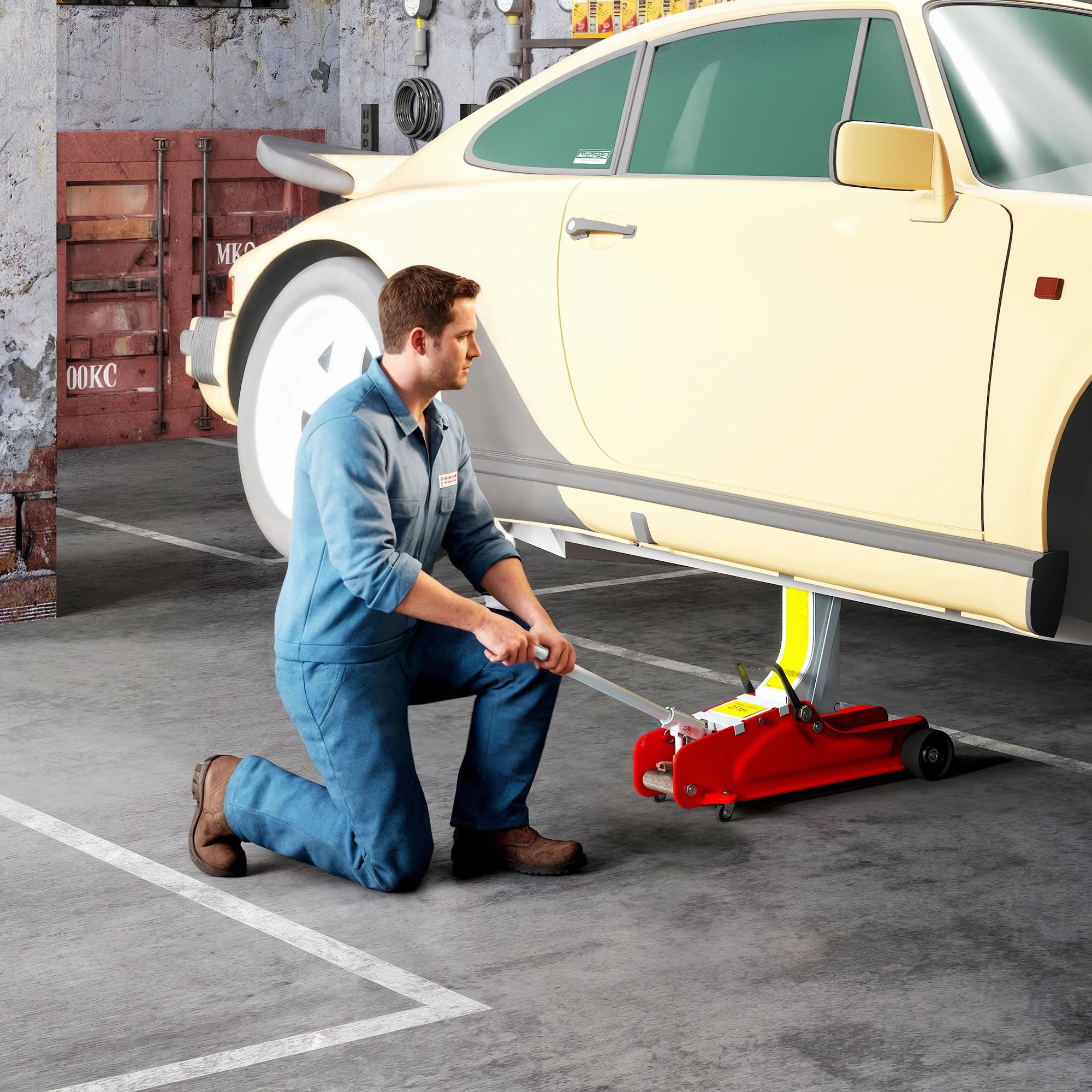 HOMCOM Cric Idraulico a Basso Profilo, Cric per Auto in Acciaio Rinforzato con Capacità 2.5 Tonnellate, Sollevamento 8-38cm, Rosso