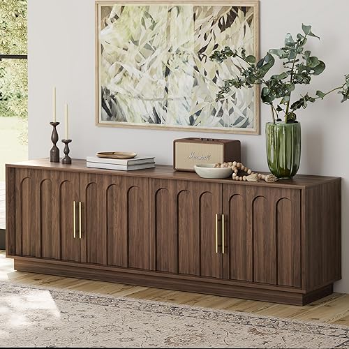 TV Stand for 75 Inch TV, Mid Century Modern TV Stand with Arched Design, Wood Grain Finish, Media Console with Adjustable Shelves, 67" Entertainment Center for Living Room Bedroom, Walnut