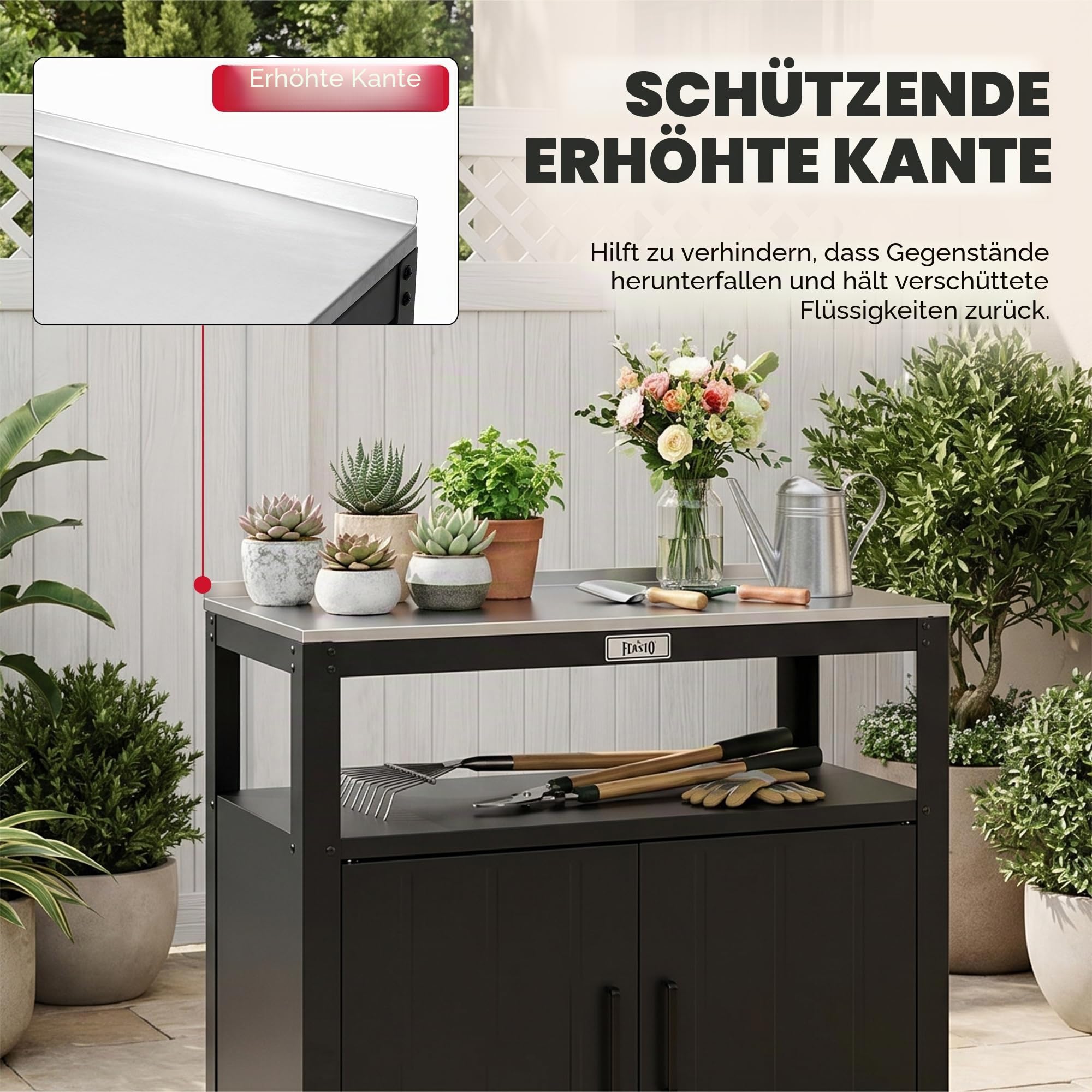 Feasto Gartenpflanzbank für Terrasse mit Aufbewahrungsschrank, Schwarz