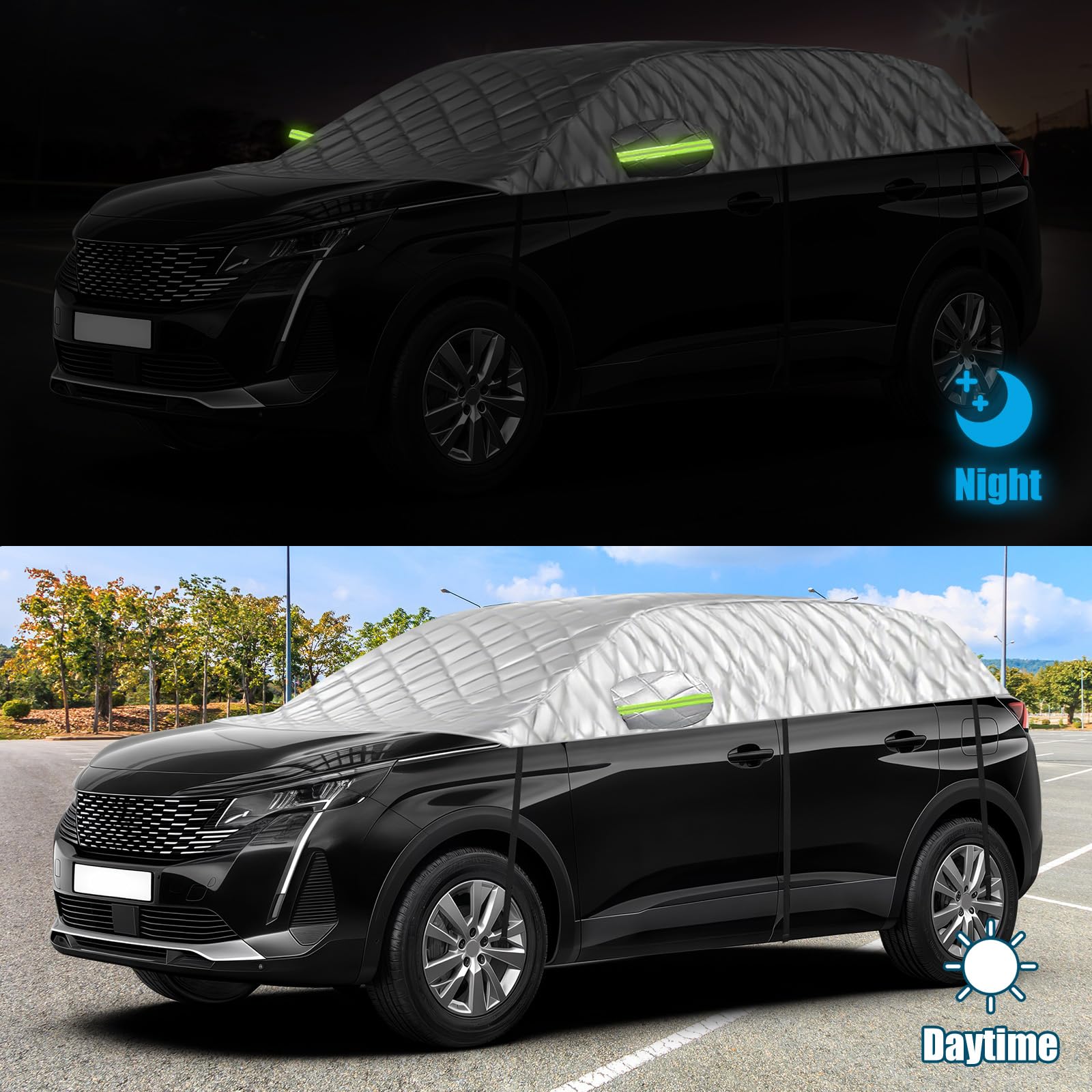 Funda de Coche Exterior Compatible con Peugeot 5008 T87 P87 2009-2025, 6 Capas Media Funda Coche con Ganchos, Tira Reflectante y Tapones para Orejas para Protección contra Hielo y Nieve