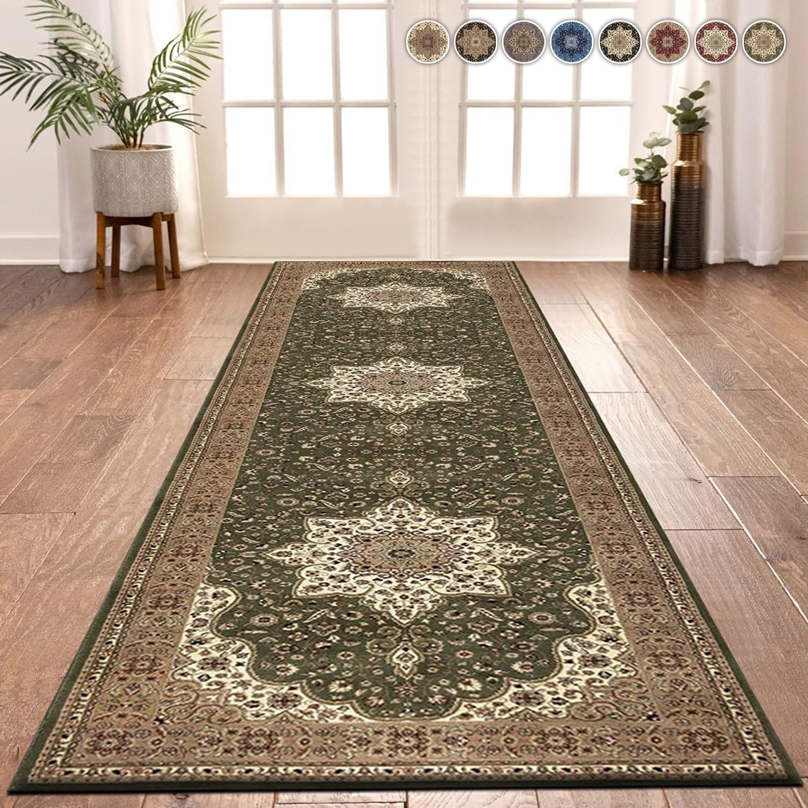 renoazul® Jute Rug Runners For Hallways - Rome Green Rug - 80 x 300 cm - Washable Bedroom Carpet Runners, Kitchen Rugs and Hall Runner — image 1