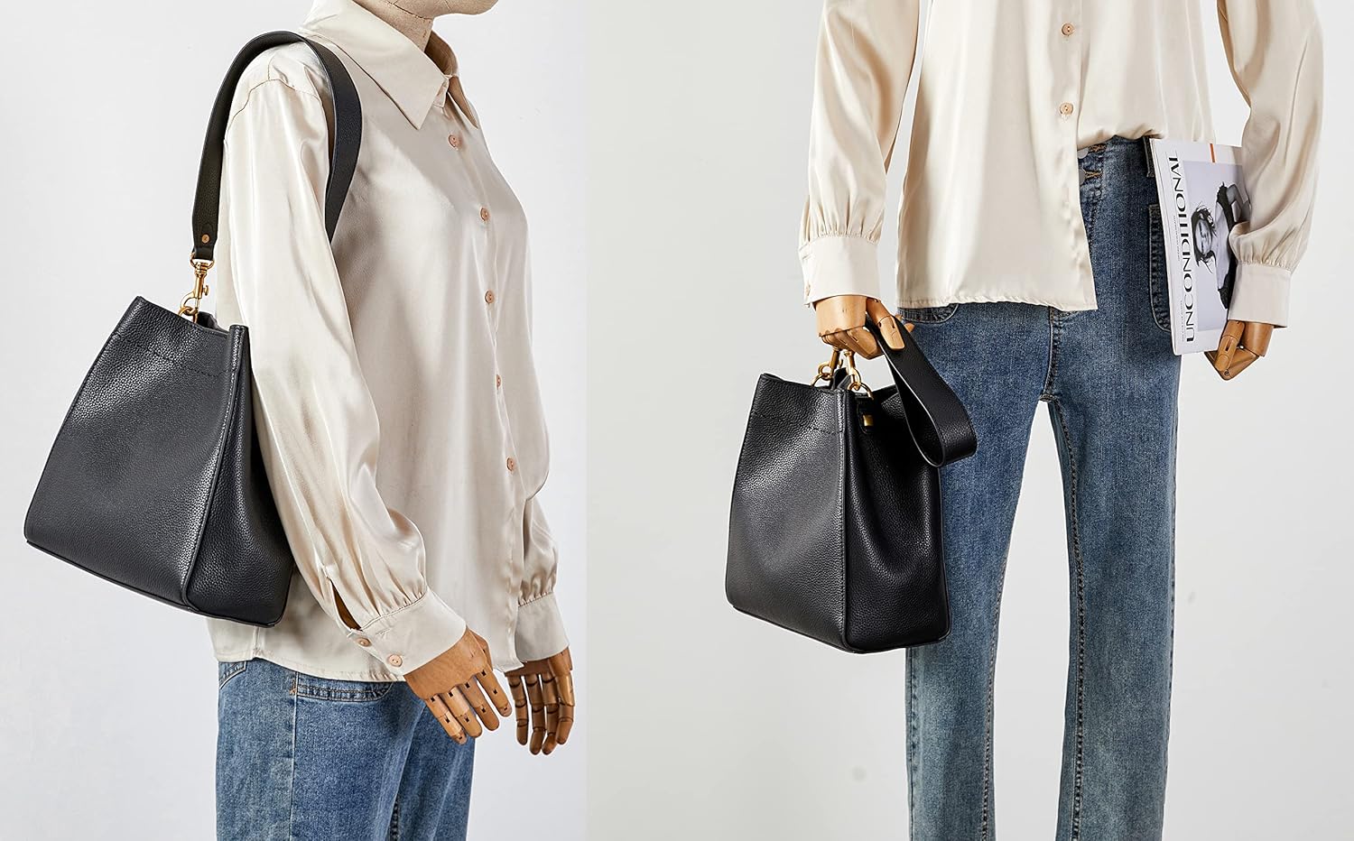 DORIS&JACKY Genuine Leather Bucket Hobo Bag for Women Designer Shoulder Purse and Satchel Tote with Detachable Wide Strap - Image 2