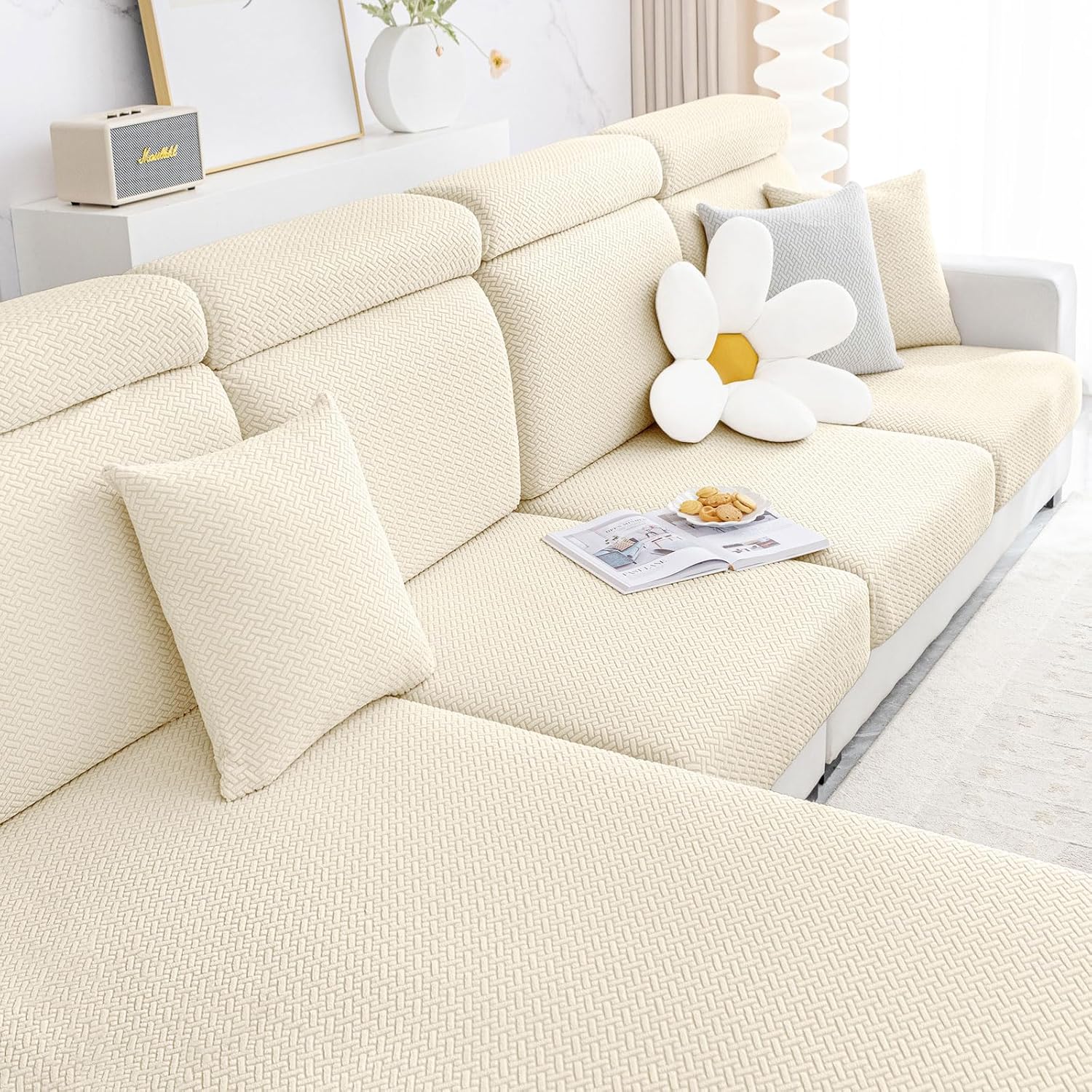 Smiry Waterproof Couch Cushion Covers, Stretch Jacquard Thick Sofa Cushion Covers, Washable Seat Slipcover Elastic Furniture Protector for Pets, Kid (3PC, Beige) Smiry Waterproof Couch Cushion Covers, Stretch Jacquard Thick Sofa Cushion Covers, Washable Seat Slipcover Elastic Furniture Protector for Pets, Kid (3PC, Beige)