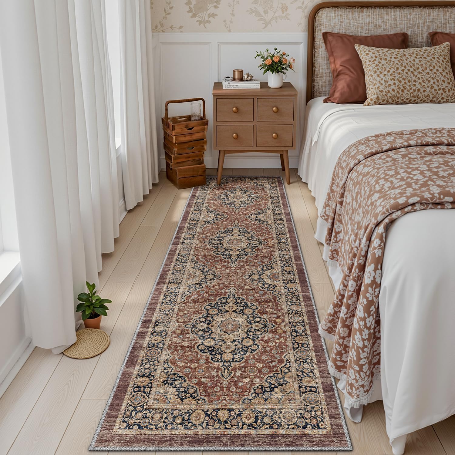 DEXI Läufer Flur Teppich 80 x 300 cm, Küchenläufer Lange waschbar rutschfest, Schmutz & Wasser Aufnehmen Dünne Vintage Teppichläufer für Hauseingänge, Küche, Waschküche, Rostrot