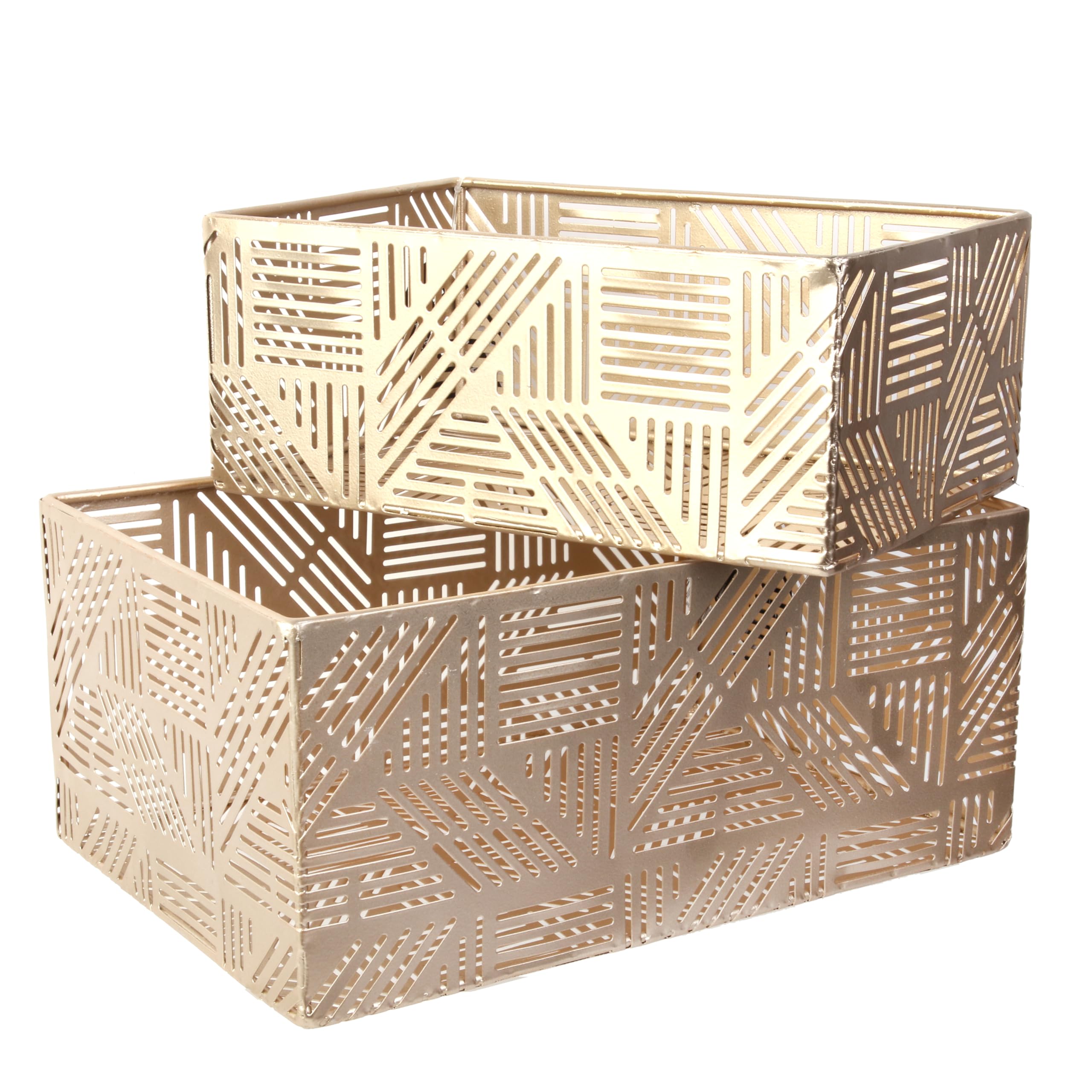 HOME DECO FACTORY - Rg6250 – 2 x Gold Striped Metal Basket Decorative Storage Basket Pot Cover