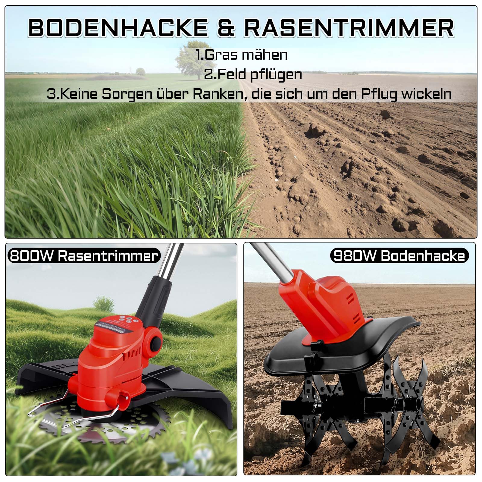2-IN-1 Gartenfräse Kompatibel Mit Makita Akku 18V, Wohnmobil Elektisch, Bodenhacke & Rasentrimmer Set, Gartenfräse 980W, Bodenhacke Ackerfräse Kultivator, Elektro Hack, Motorhacken (ohne Akku)