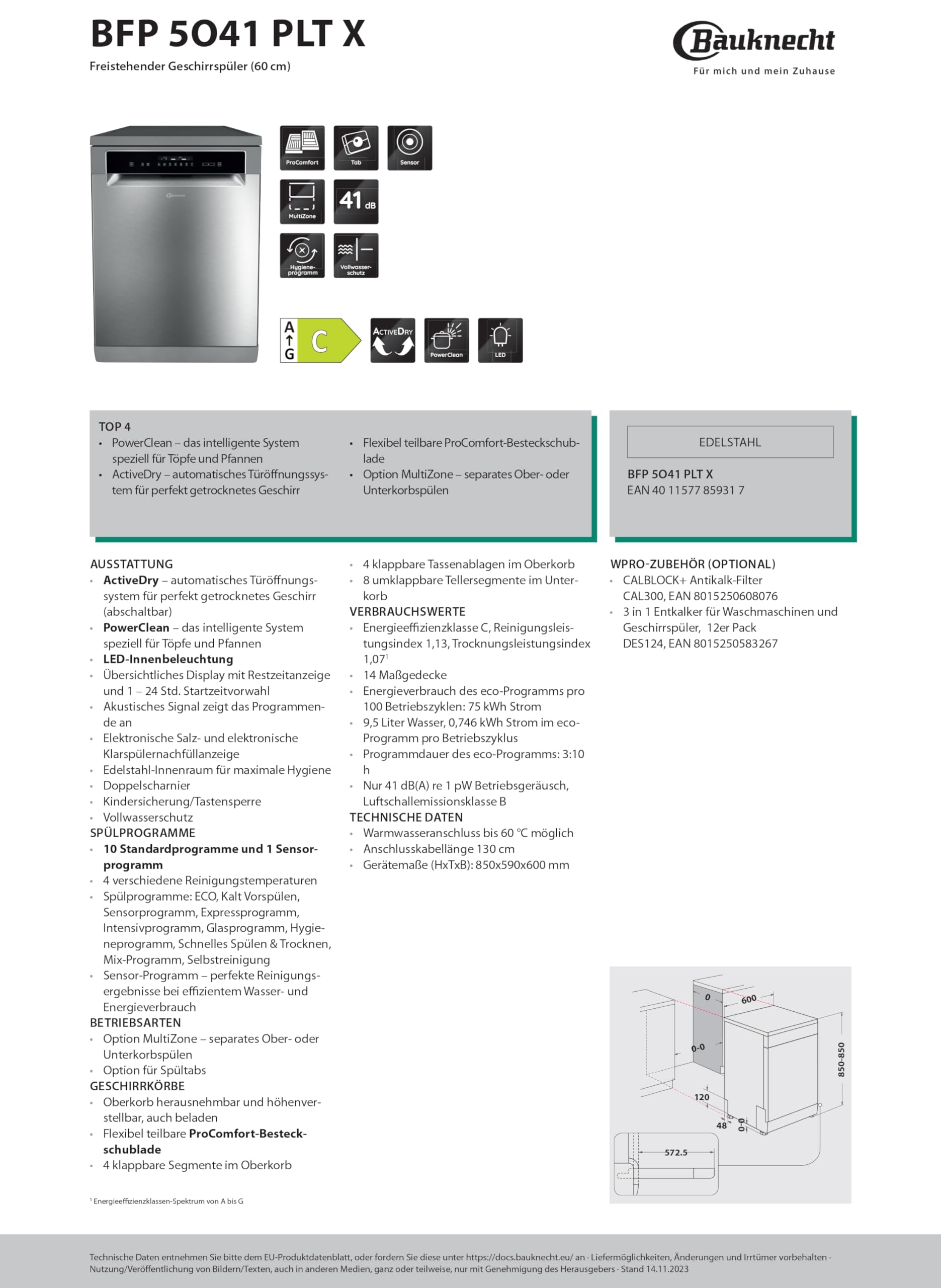 Bauknecht BFP 5O41 PLT X Freistehender Geschirrspüler 60 cm /14 Maßgedecke /10 Standardprogramme und 1 Sensorprogramm/PowerClean/ActiveDry/ProComfort-Besteckschublade/Vollwasserschutz