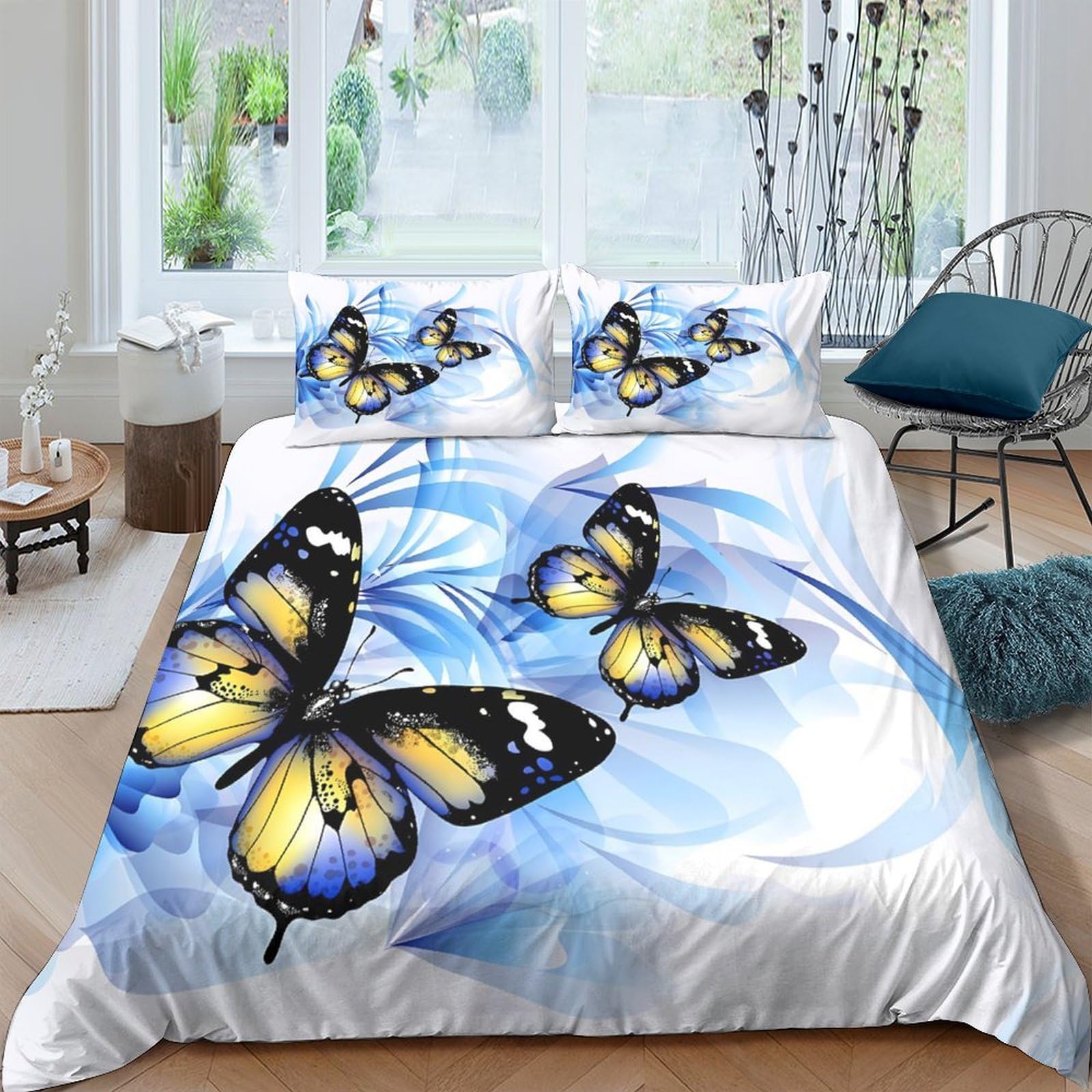 Ctjqhvkz Style-3 3D Printed Blue Butterfly Fitted Sheet Microfiber Soft Mattress Cover Yellow Insect Pattern For Bedroom Decor Protection Single（135X200cm）