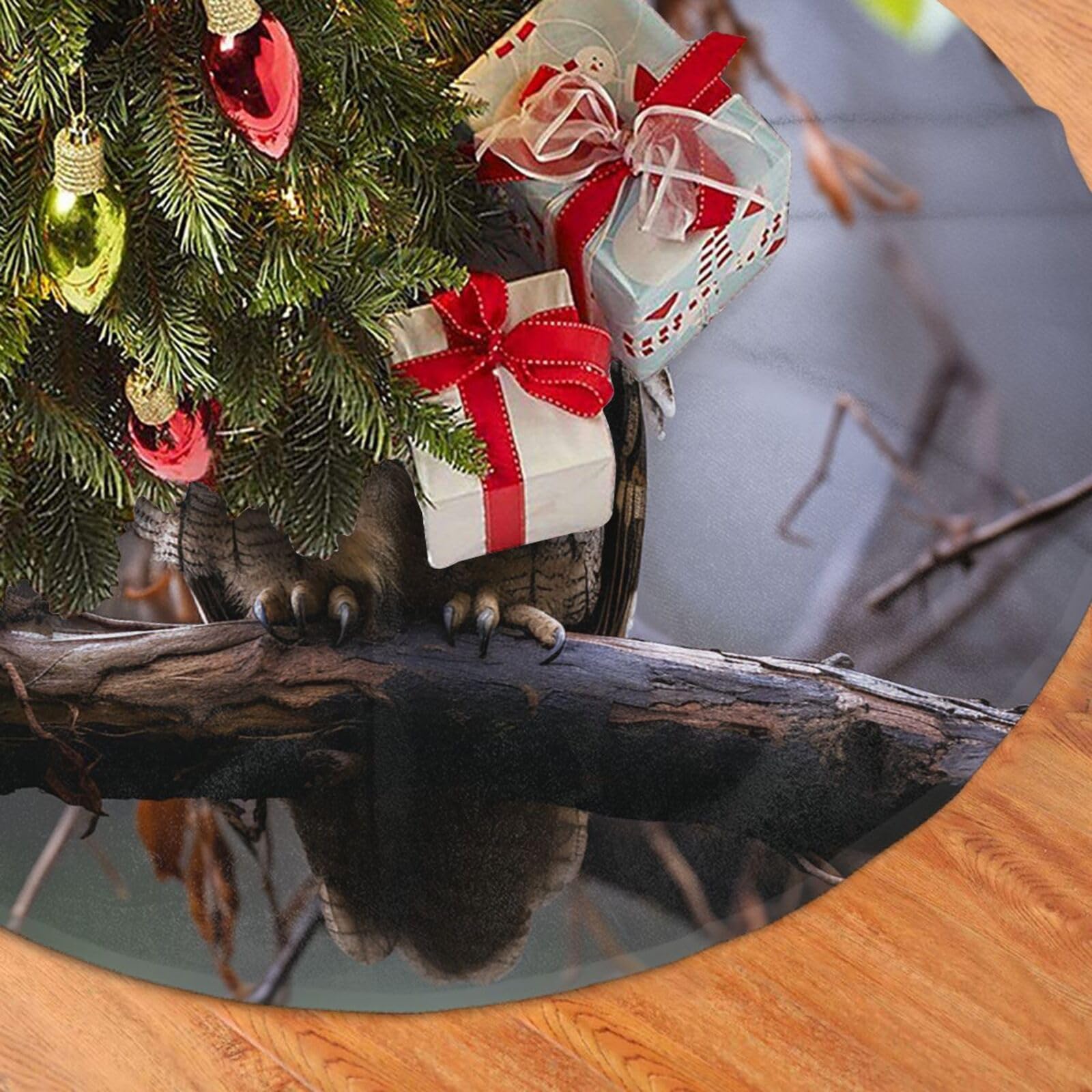 Fodpand Black Owl On A Branch Christmas Tree Skirt 36" Velvet Xmas Tree Skirt Mat Rustic Christmas Tree Mat Cover Winter Xmas Tree Collar For Indoor Outdoor Christmas Decorations