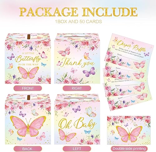 Miniatura 2 de 51 boletos para rifas de pañales de mariposa con caja de tarjetas para sorteo de pañales para decoración de baby shower para niñas, centro de mesa