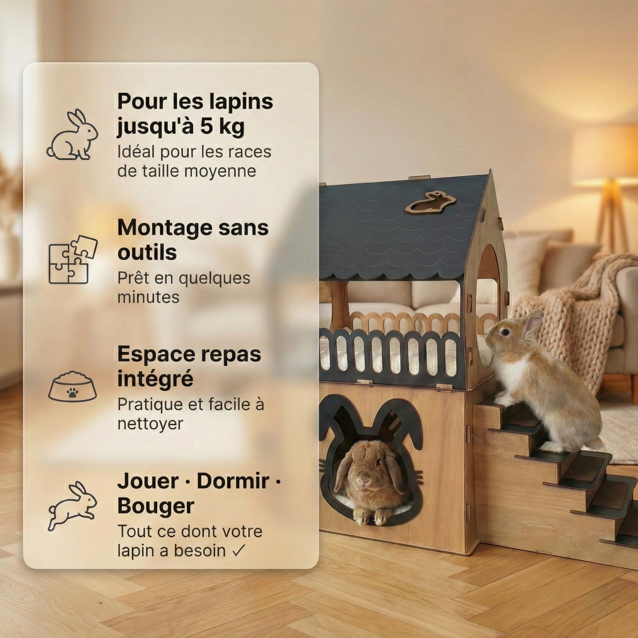 Maison Lapin Intérieur XL Naturel Anthrazit | Enclos pour Cochon d'Inde & Cobaye | Clapier 2 Étages avec Mangeoire & Balcon