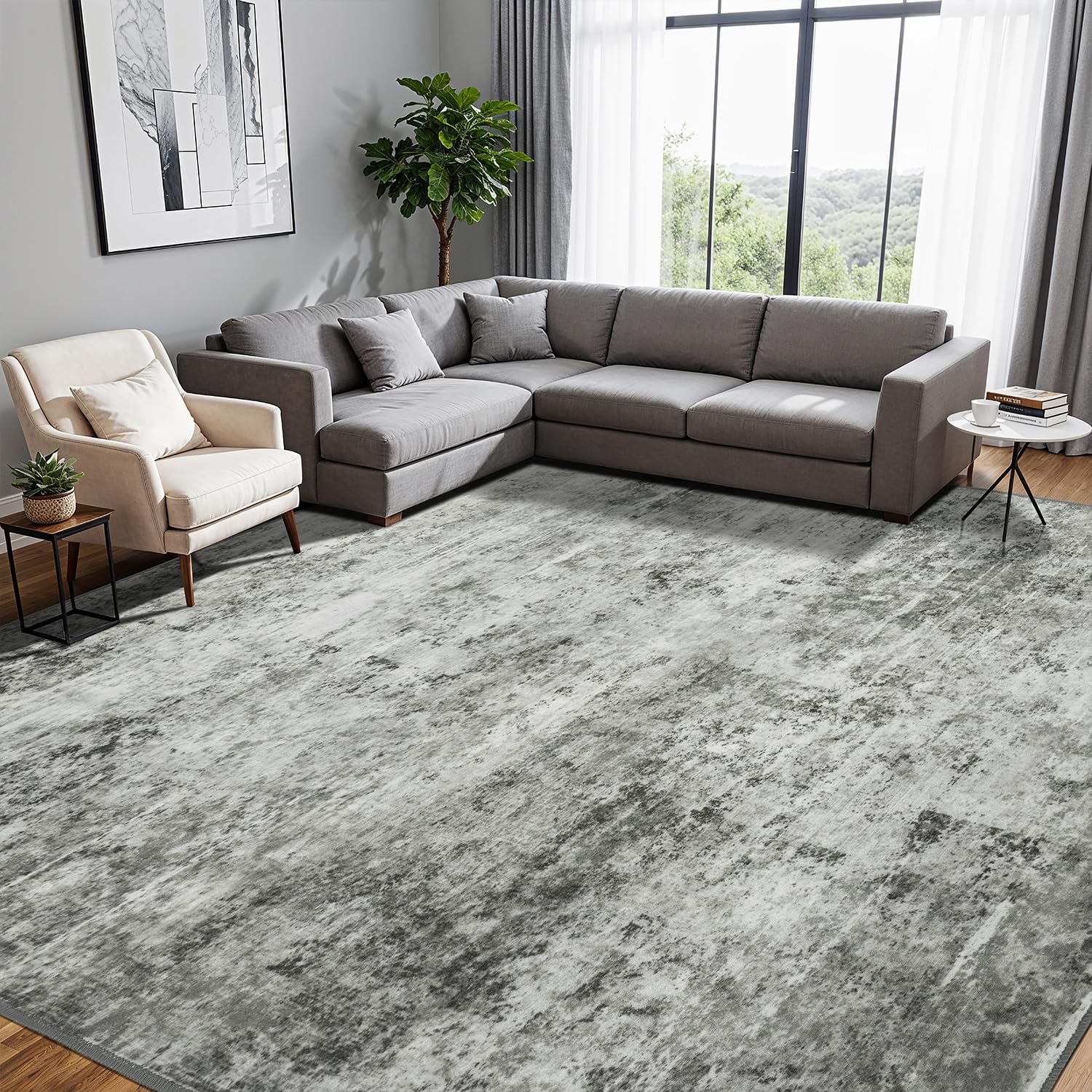 Tapis de salon lavable et antidérapant de grande surface DEITAS gris