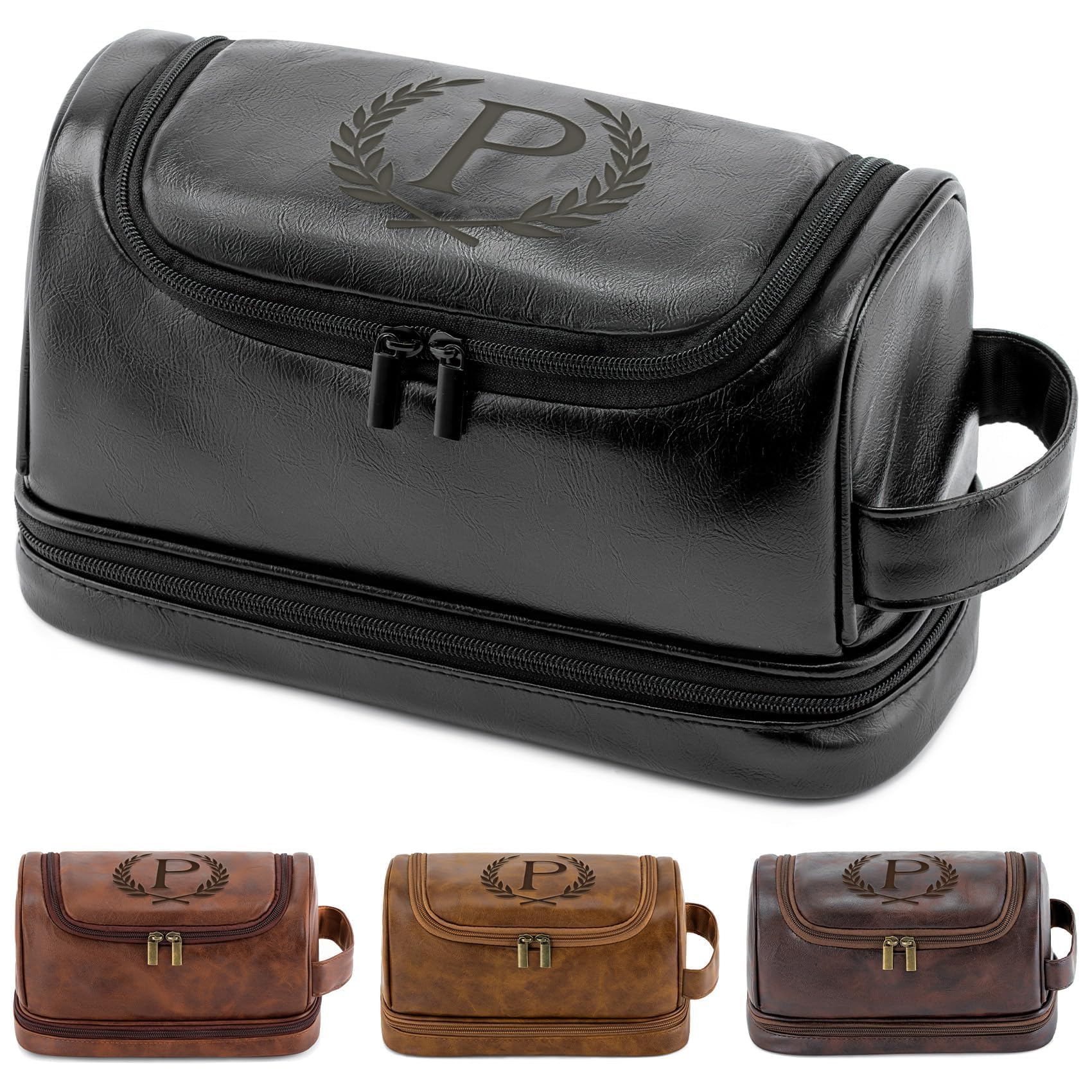Aganmi Personalized Gifts Travel Toiletry Bag for Men, Engraved Initial PU Leather Waterproof Shaving Bag, Groomsmen Present Christmas Birthday Gifts