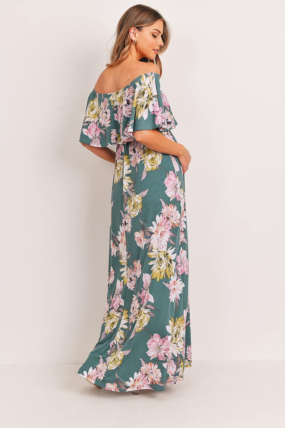 Women's Off Shoulder Ruffle Maxi Maternity Dress (Teal Green/Mauve Flower, Medium)