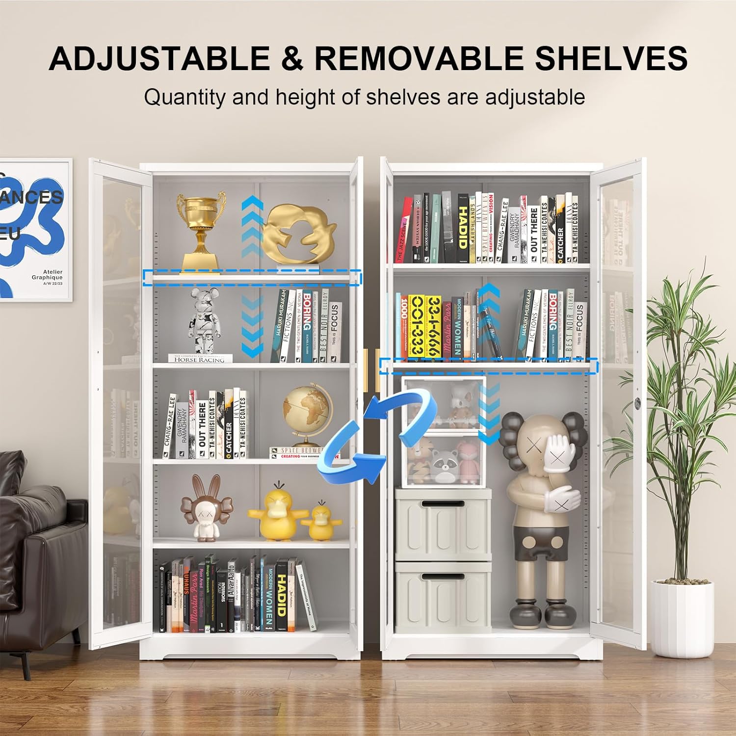 Display Cabinet with Glass Doors, 71'' Tall Curio Cabinets with Lock, Metal Glass Display Case for Collectibles, Living Room, School, Commercial, White, Assemble Required