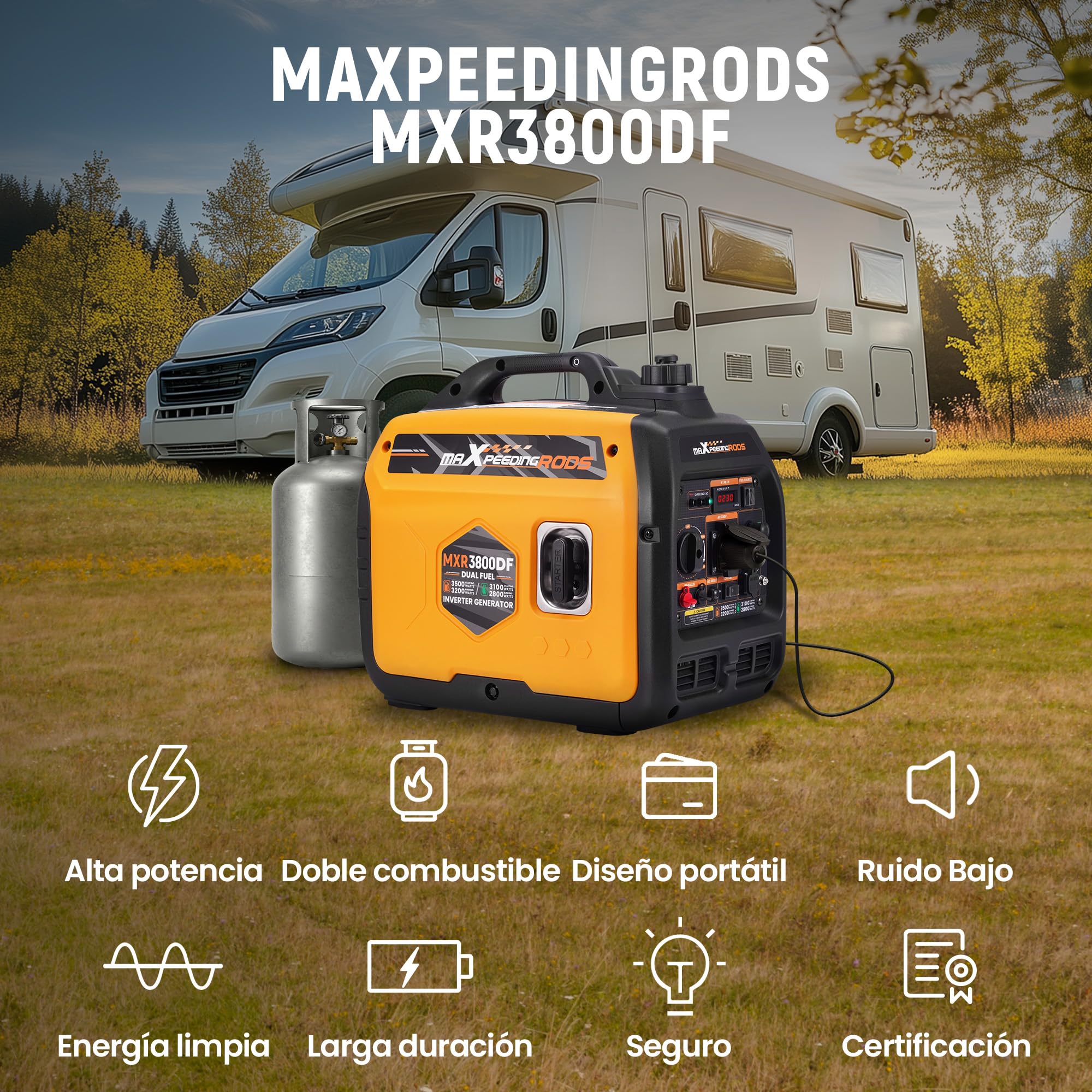 maXpeedingrods Groupe Electrogene Silencieux GPL et Essence 3500W Inverter Générateur Portable avec Prises USB et 230V avec Affichage Numérique pour Camping Car Caravanes Jardin | Generador inversor con tomas USB y de 230 V y pantalla digital para autocar