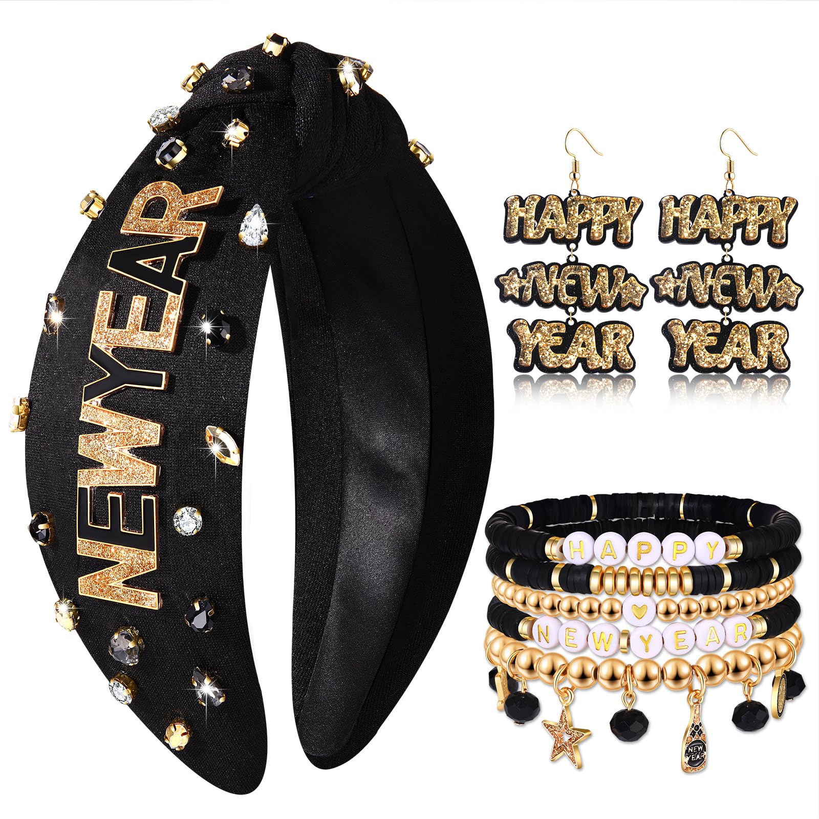 CEALXHENYCEALXHENY Happy New Year Headbands for Women 2025 New Year’s Eve Heishi Bracelets Glitter Star Earrings New Years Outfits Accessories New Year’s Eve Party Favors Gifts