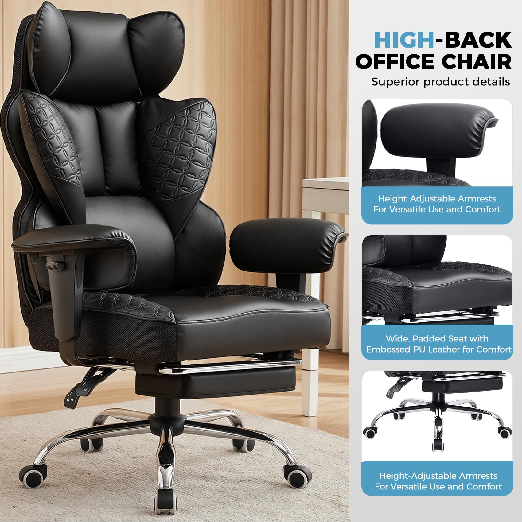COMHOMA Big and Tall Office Chair 400LBS Wide Ergonomic Gaming Chair with Deluxe Embossing Designed Leather with Foot Rest,150°Reclining Adjustable Armrests Pocket Spring Back Support and Pillow