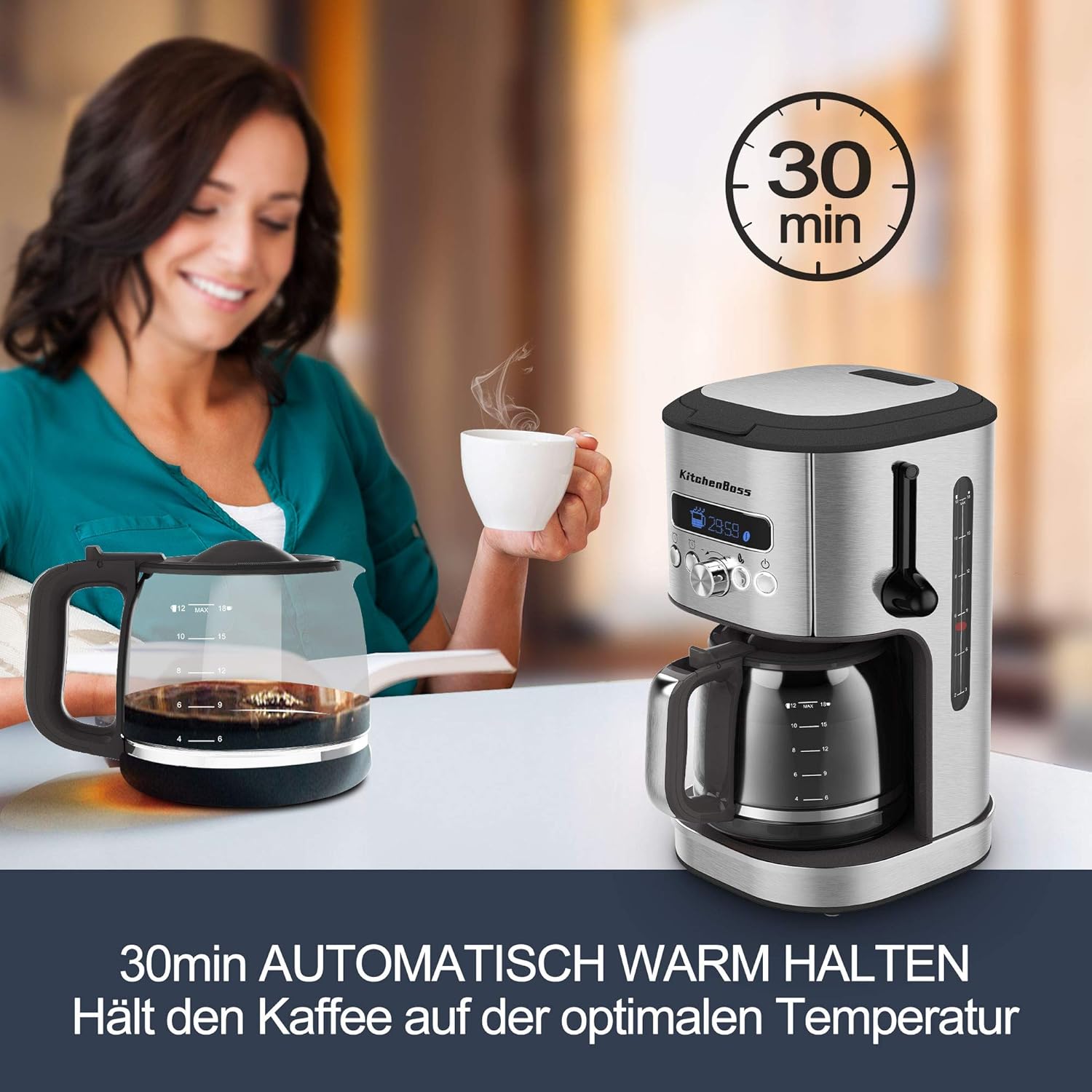 Woman enjoying coffee with KitchenBoss Drip Coffee Maker, highlighting 30-minute keep warm function