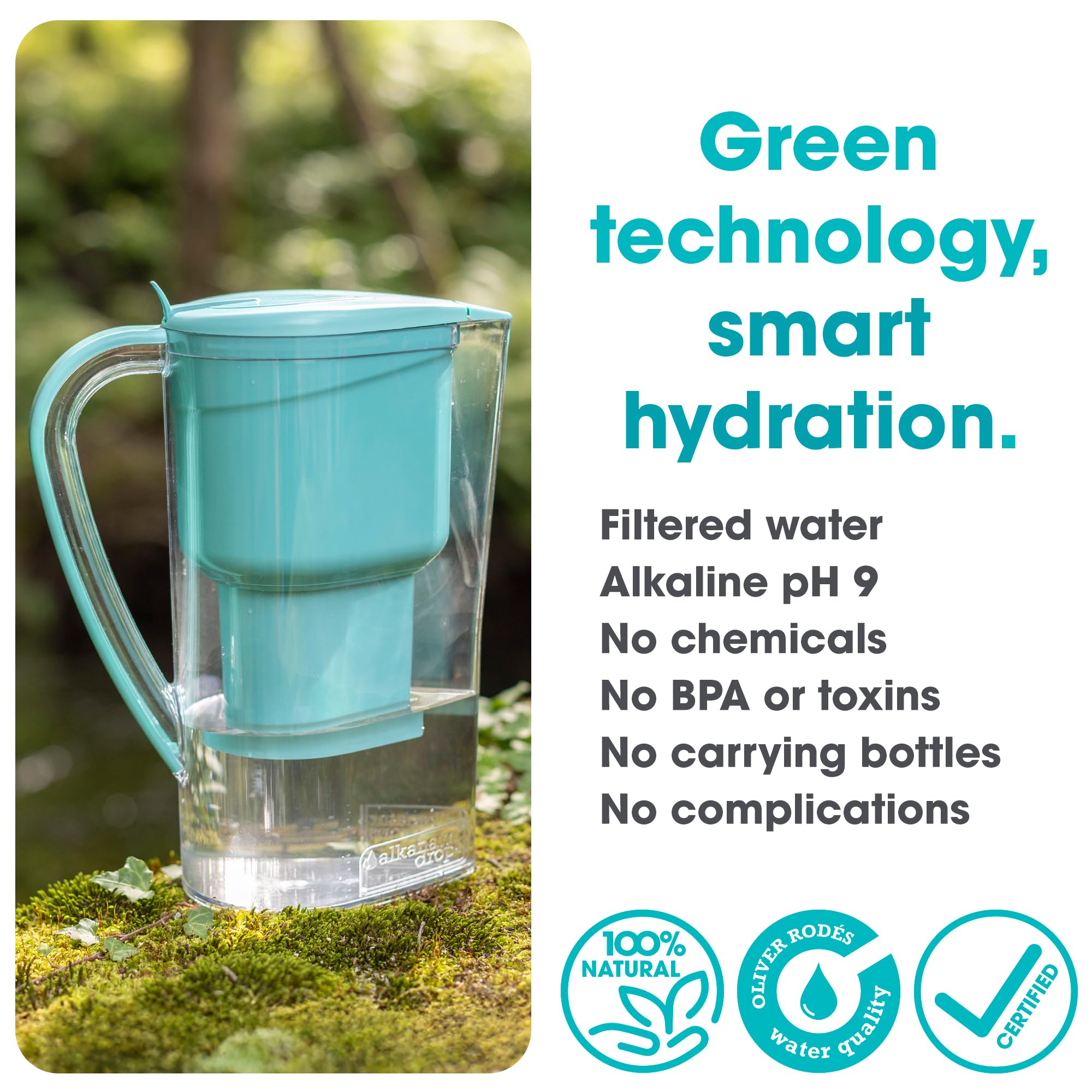 Alkanatur Drops Pitcher - Alkaline High pH 9 + Hydrogenates + Ionizes + Provides Magnesium Removes Chlorine, Metals, Fluorides, Microplastics, and More - Certifeid UNE 149101:2015