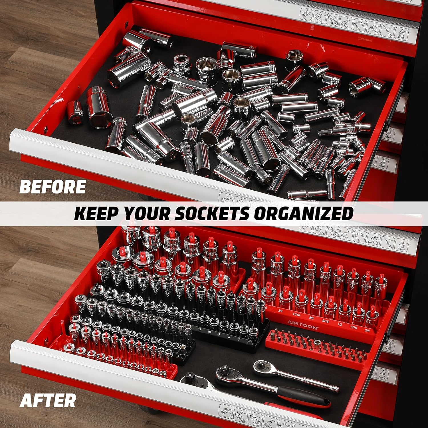 8-Piece Socket Organizer Trays, SAE and Metric Socket Tray Set, 1/4", 3/8", and 1/2" Drive Deep and Standard Socket Holders Organizers for Toolbox, Black & Red