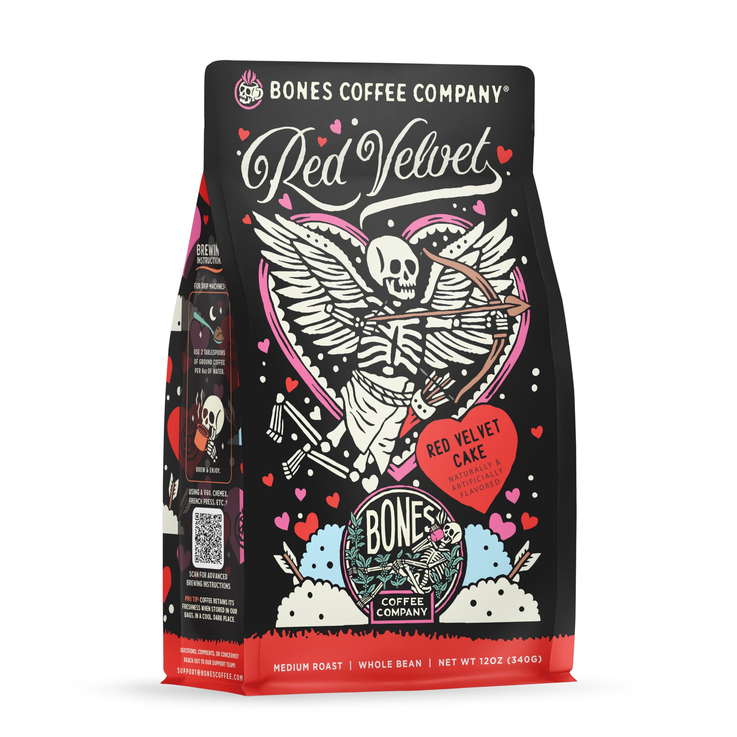 Bones Coffee Company Red Velvet, Red Velvet Cake Flavored Coffee, Medium Roast Low Acid Arabica Beans Compatible with Auto drip and French Press