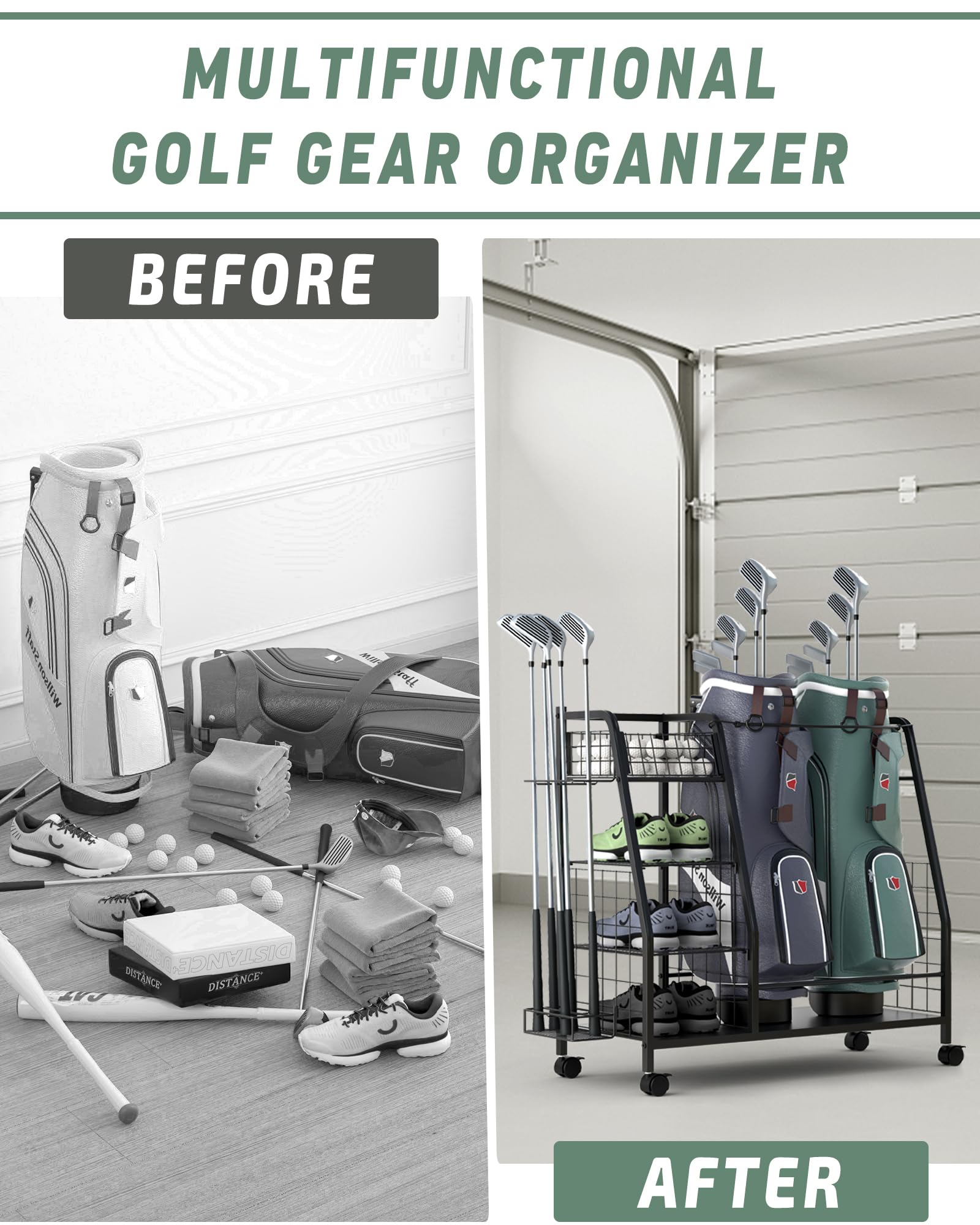 Support de Rangement pour Sac de Golf pour Garage – Double Organiseur de Sac de Golf avec Roues verrouillables – Organiseur de Golf pour Accessoires de Golf pour Homme –