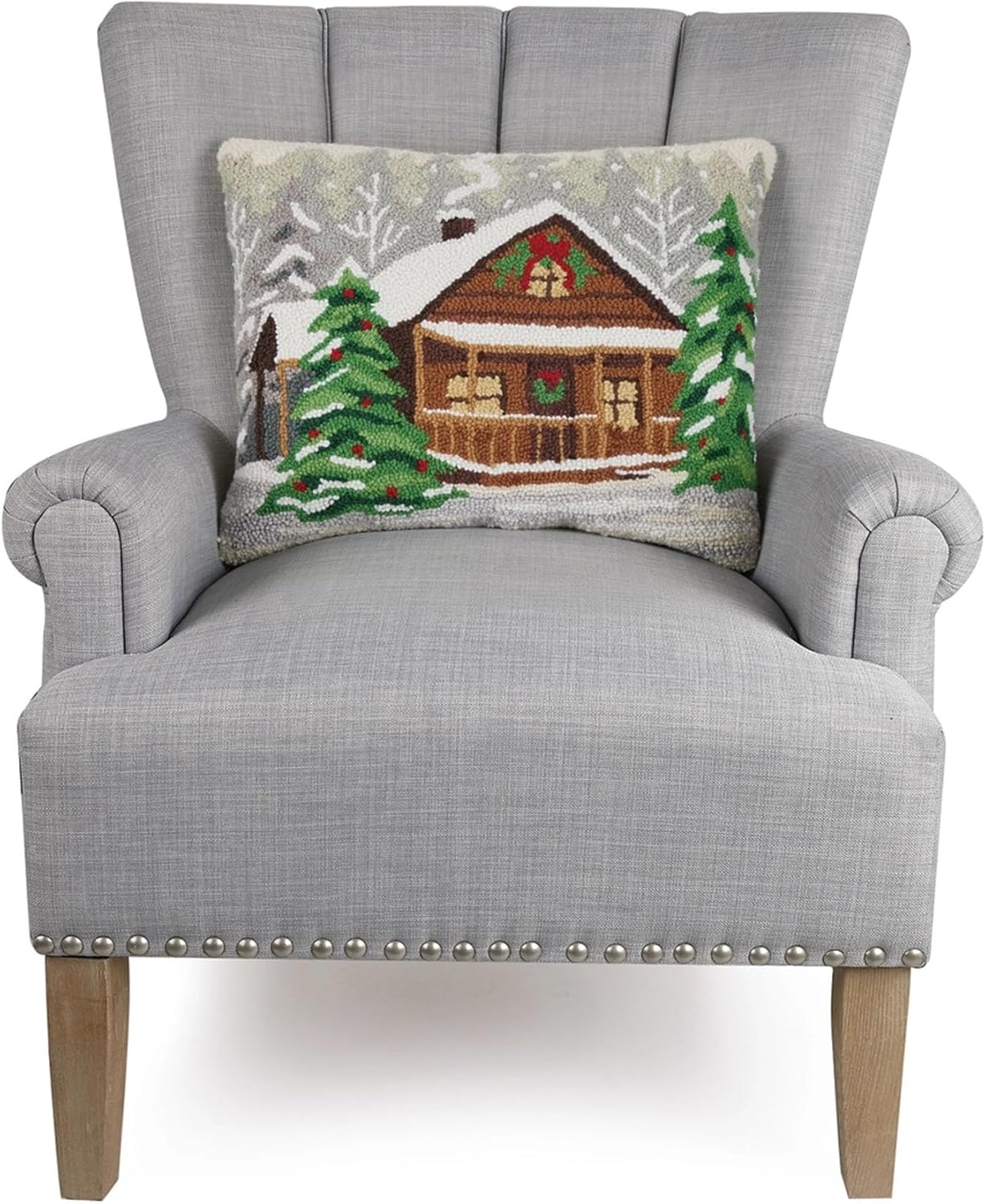 Peking Handicraft Holiday Woods Cabin 20" x 16" Hooked Wool Throw Pillow with Polyfill Insert