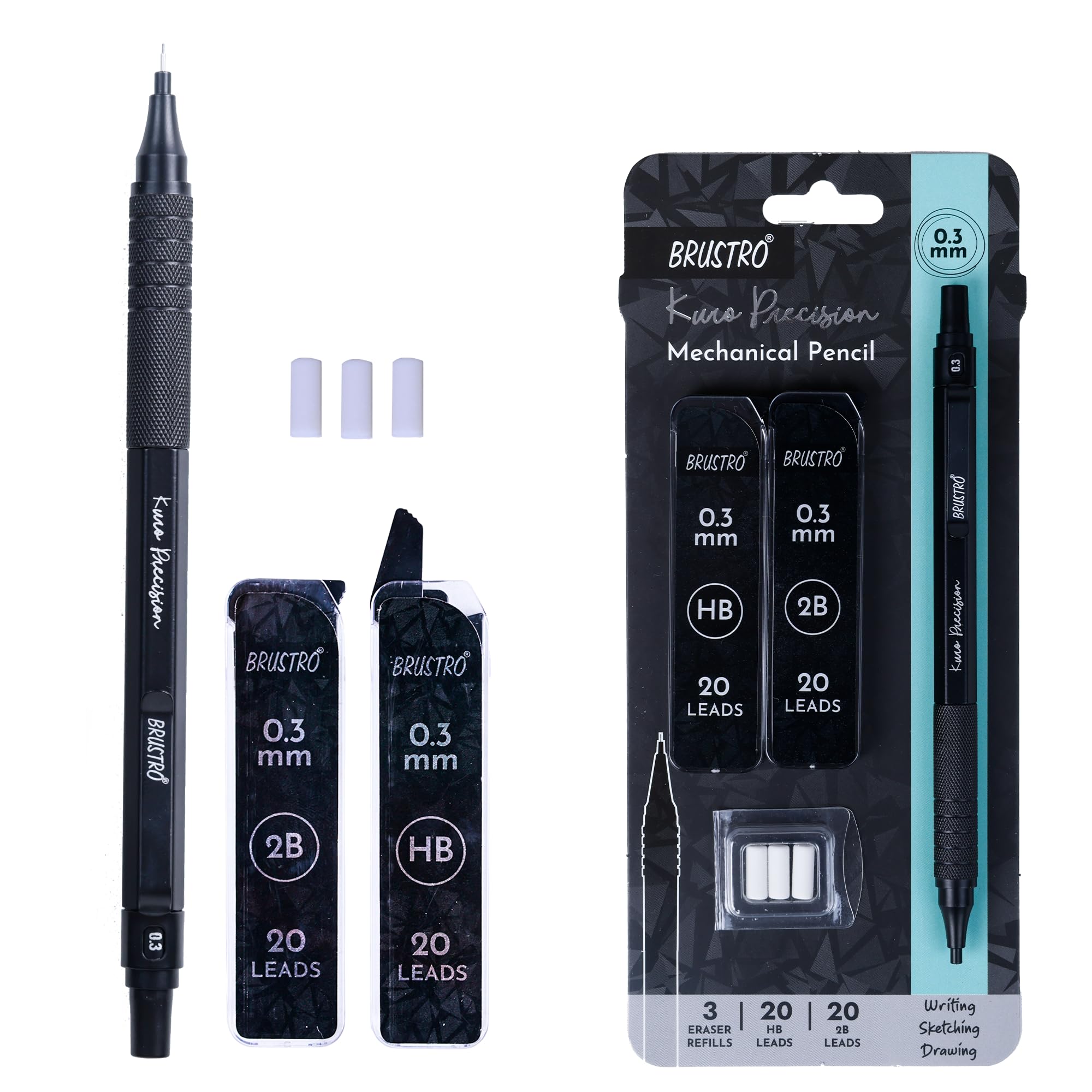 BRUSTRO Kuro Precision Mechanical Pencil | Tip Size - 0.3mm With 20 - HB and 20-2B leads, 3 Eraser Refills| Ideal For Writing, Sketching, Drawing, Mandala Arts and Fine Art Students